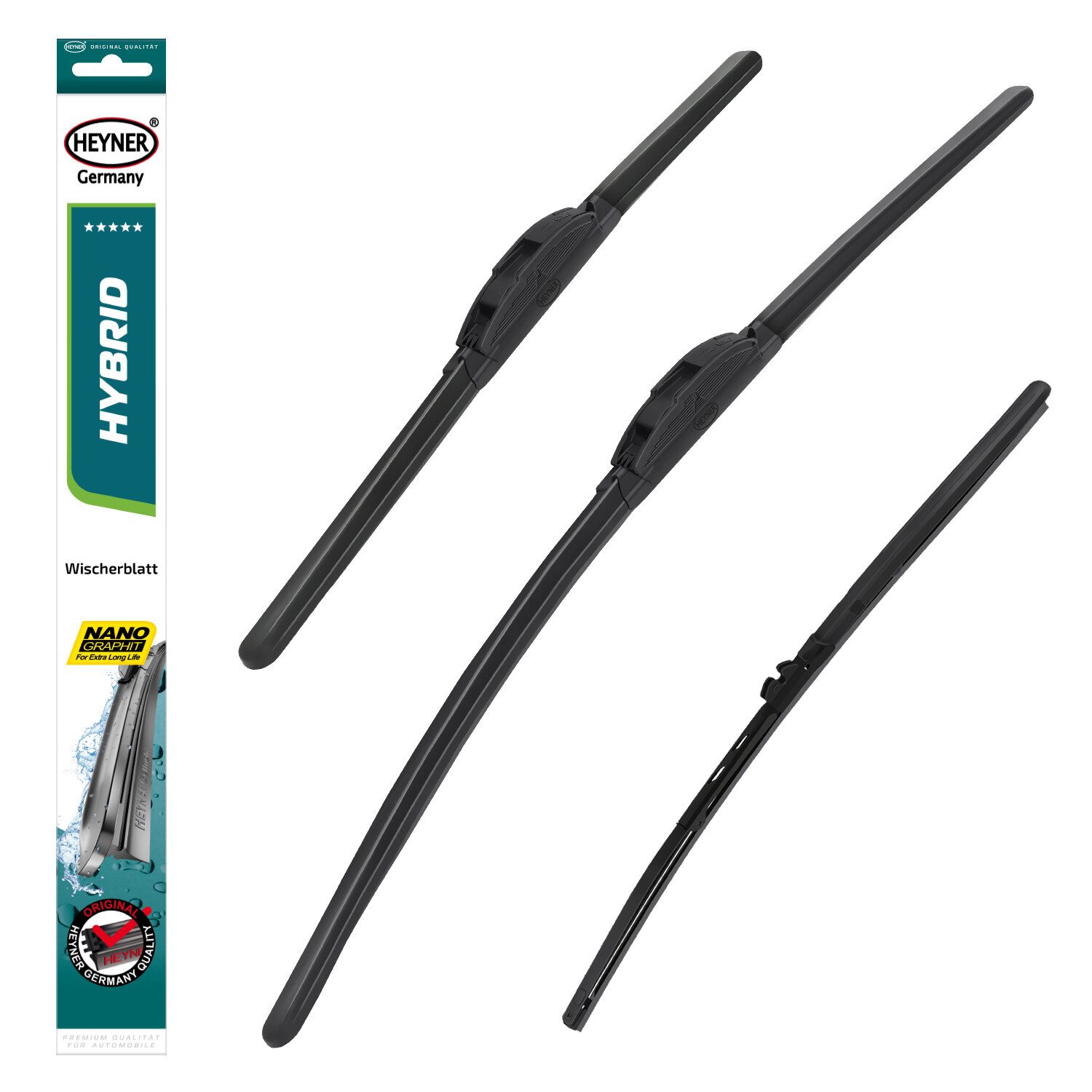 HEYNER Scheibenwischblätter passend für MOSKVICH Aleko, Sviatogor 2141, 21412, 23352, 01.1986 -, Front- und Heckscheibe, (Packung, 3-St., Scheibenwischer mit Heckwischer), mit Nano Graphit Beschichtung