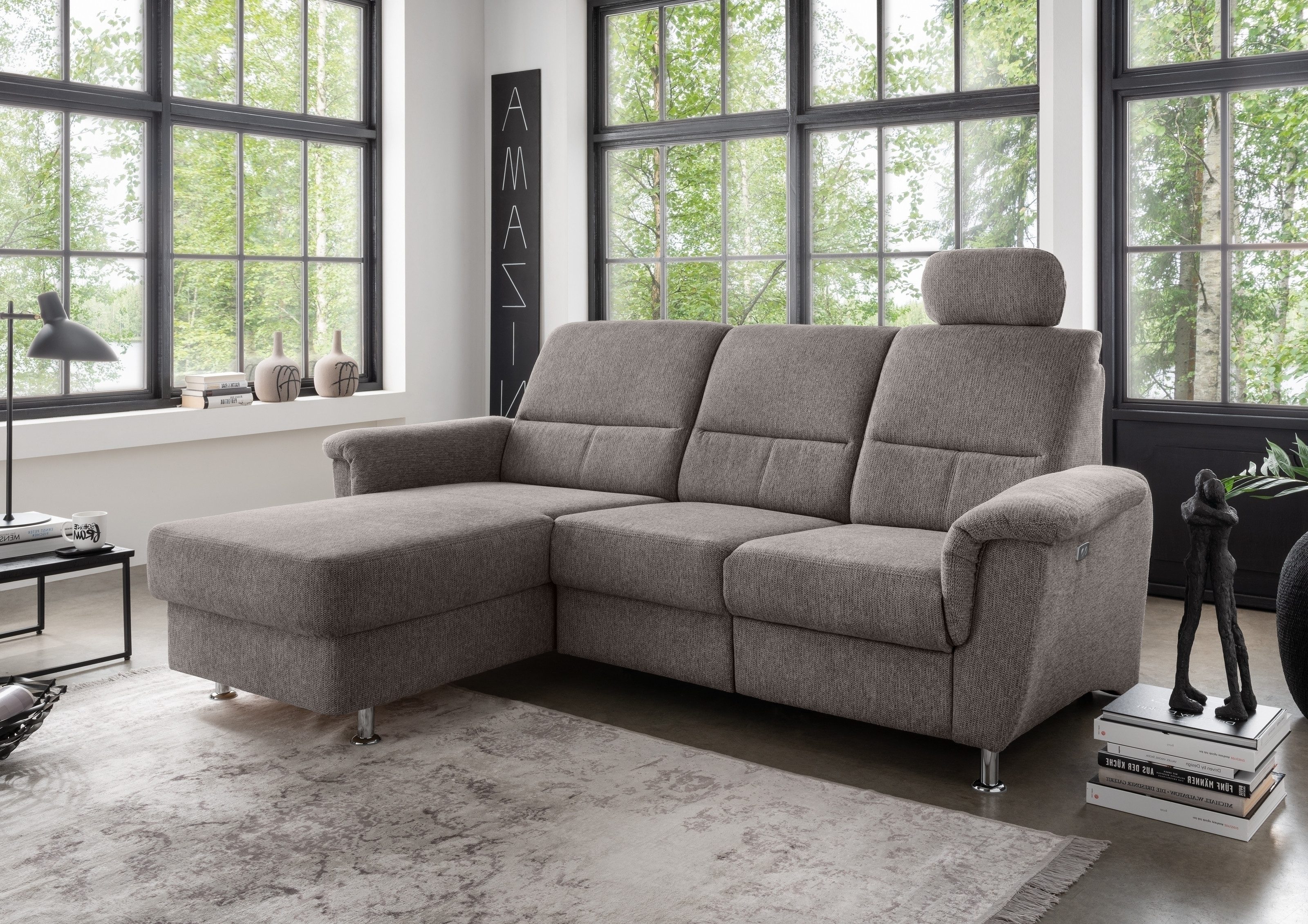 freiraum Ecksofa Ludwigshafen, Motor-funktion, Kopfstütze, Stauraum, grau-braun - 231x113x165 (BxHxT)