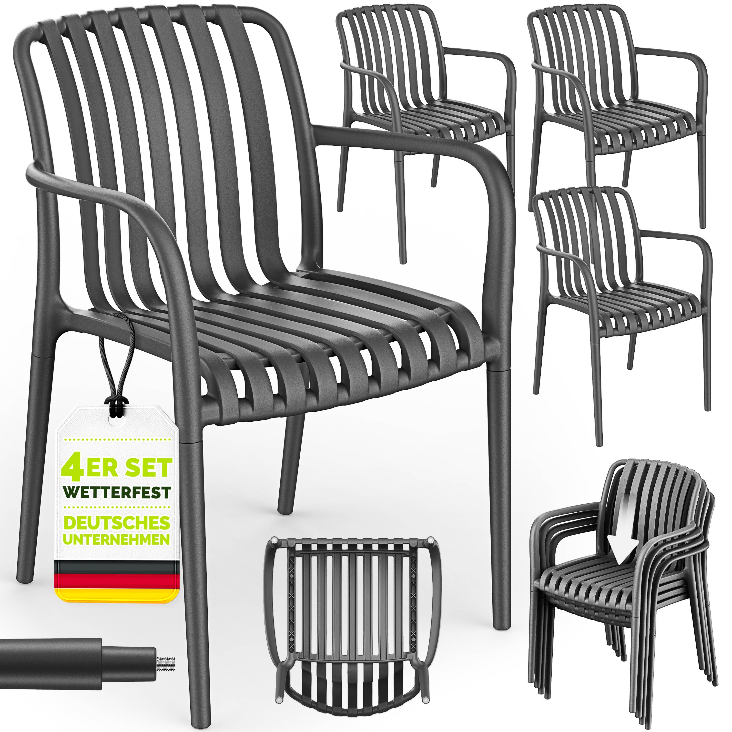 tillvex Gartenstuhl Gartenstühle Set Stapelbar Wetterfest Kunststoff mit/ohne Armlehne (Outdoor Stühle bis 120kg Terrassenstuhl Gartenmöbel Balkon Garten Terrasse, 4 St), 120kg