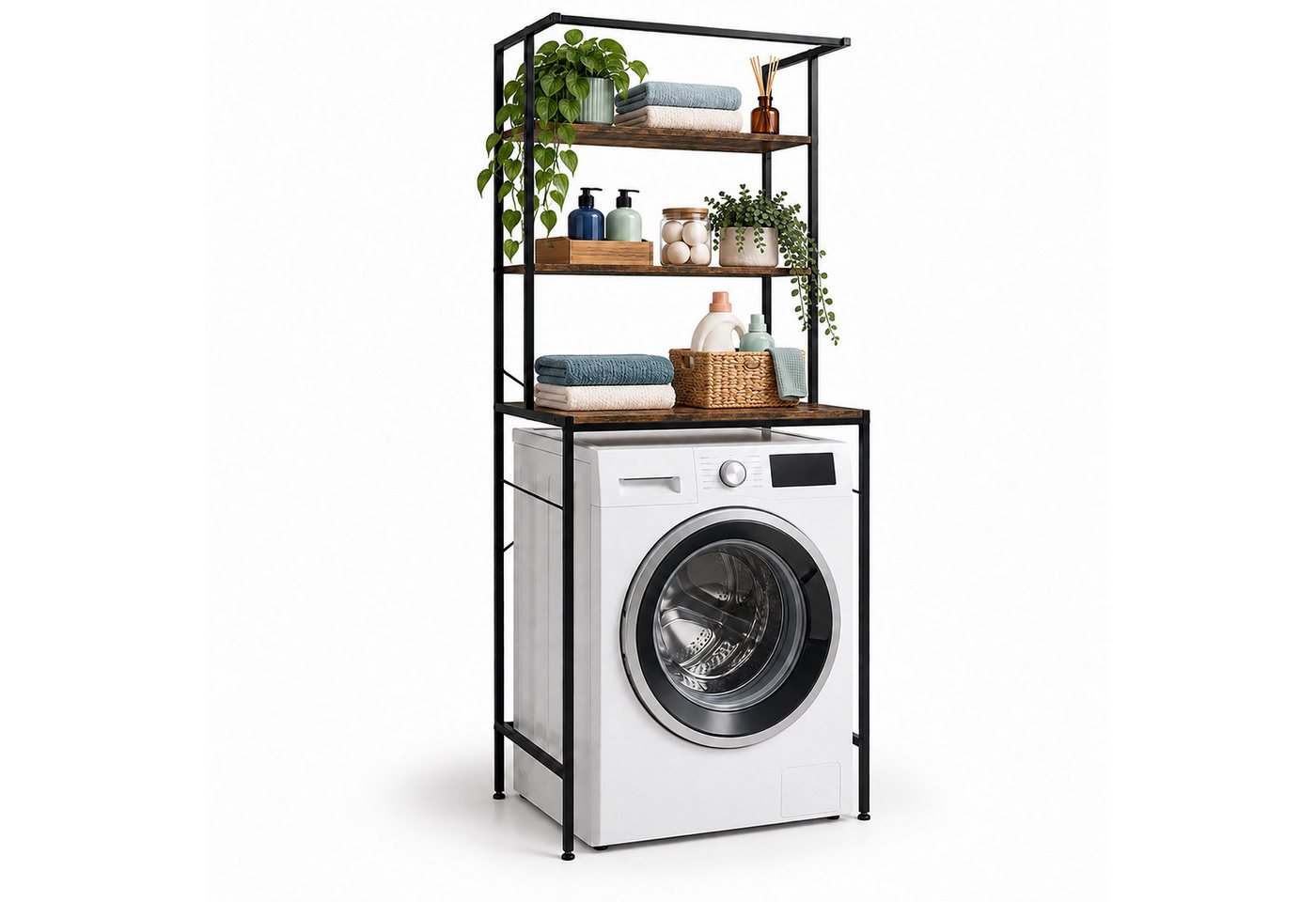 relaxdays Waschmaschinenumbauschrank Waschmaschinenregal 3 Ablagen (1-St) Industrial, Schwarzes Metall