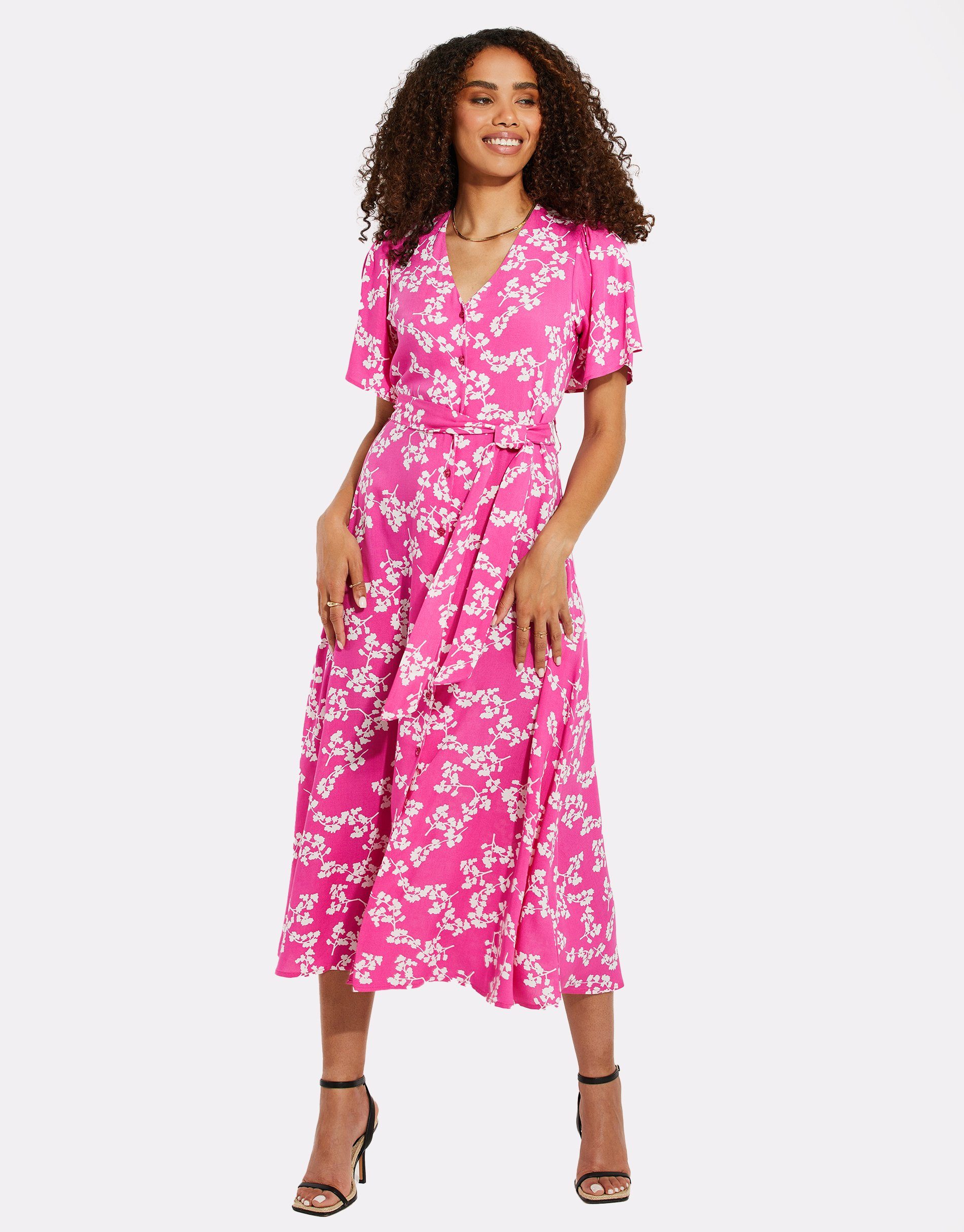 Threadbare Sommerkleid THB Fruit Pastill Midi Button Dress Pink / Weiß