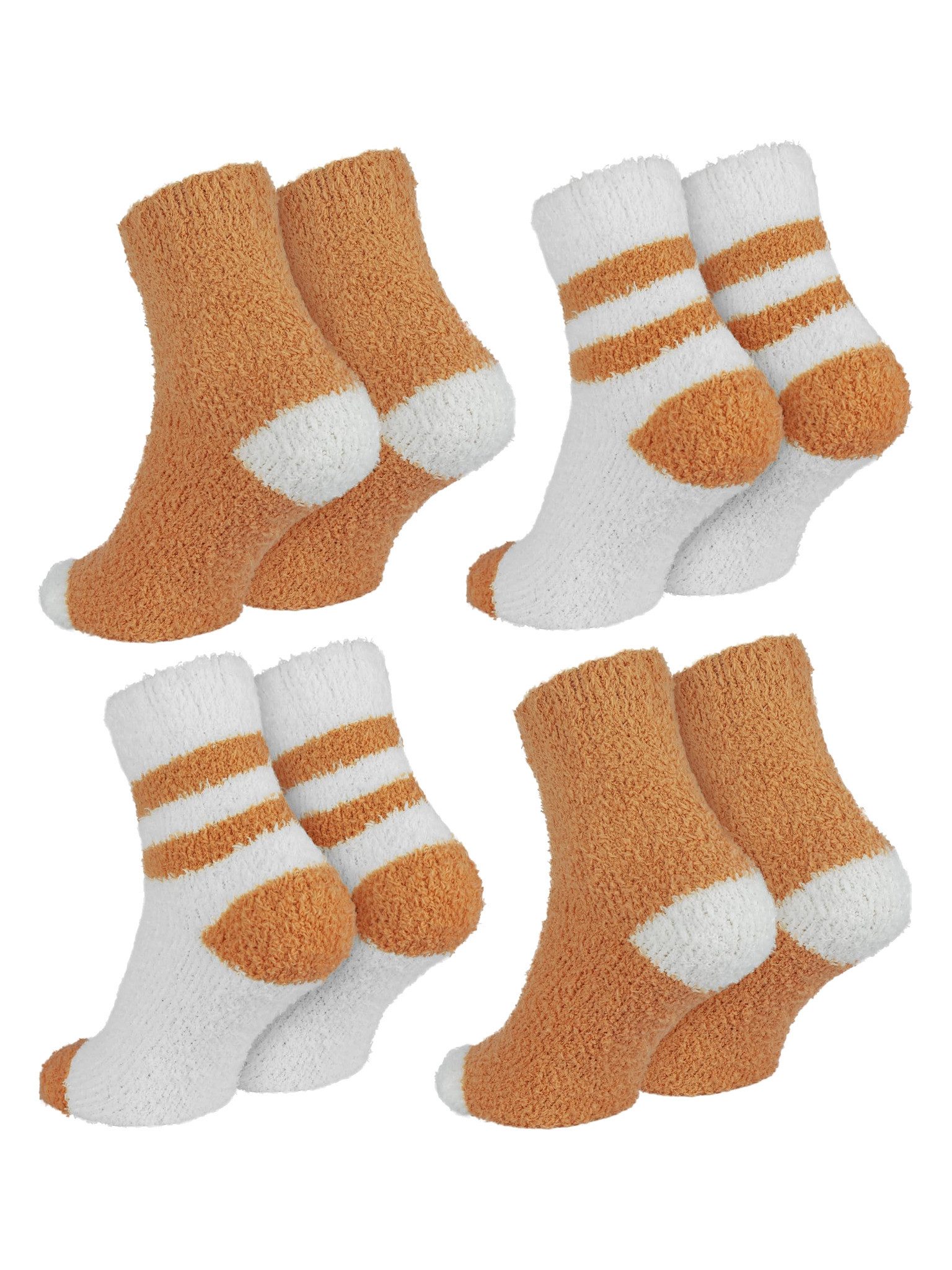 Black Snake Kuschelsocken warme Flauschsocken für Damen für zu Hause und als kleine Geschenkidee (Socken-Set, 4-Paar, Orange/Weiß One Size) dick und weich gestrickt mit Bündchen am Schaft und zwei Tönen je Set