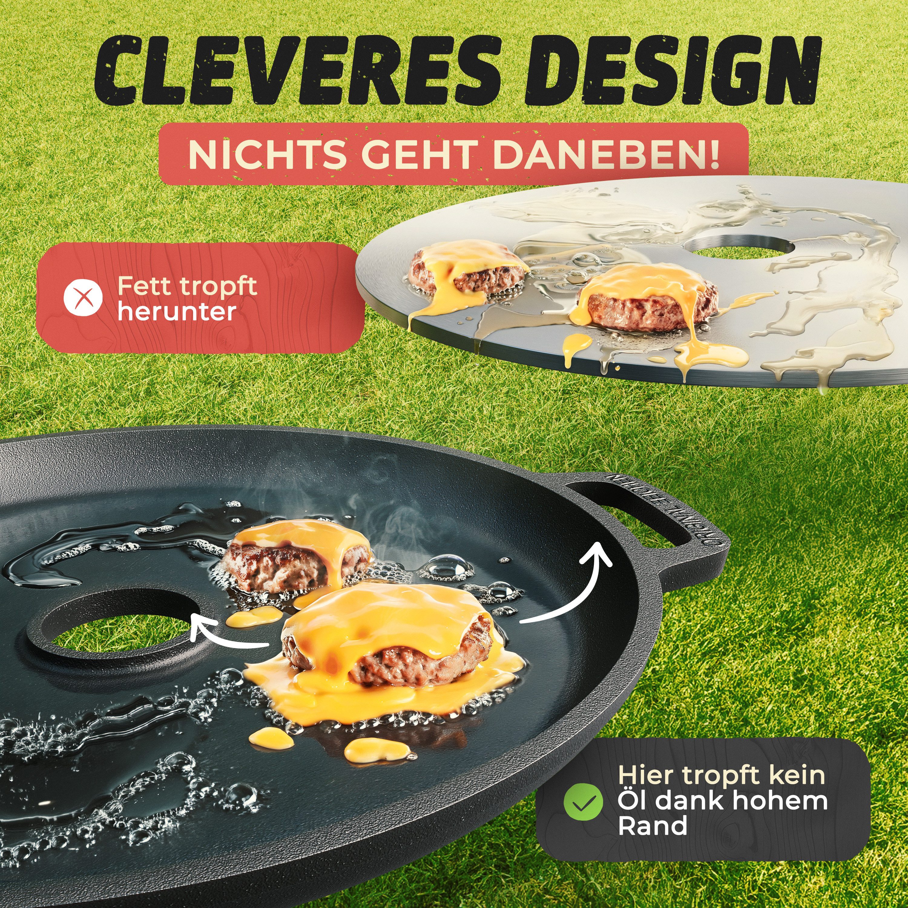 Drei Eichen Grillplatte Feuerplatte aus Gusseisen mit Tropfschutz. Ø35cm. Plancha Raketenofen (Stück, 1x Plancha Grillplatte aus Gusseisen Ø 35 cm, Stärke 5 mm  – Bild 3 von 5