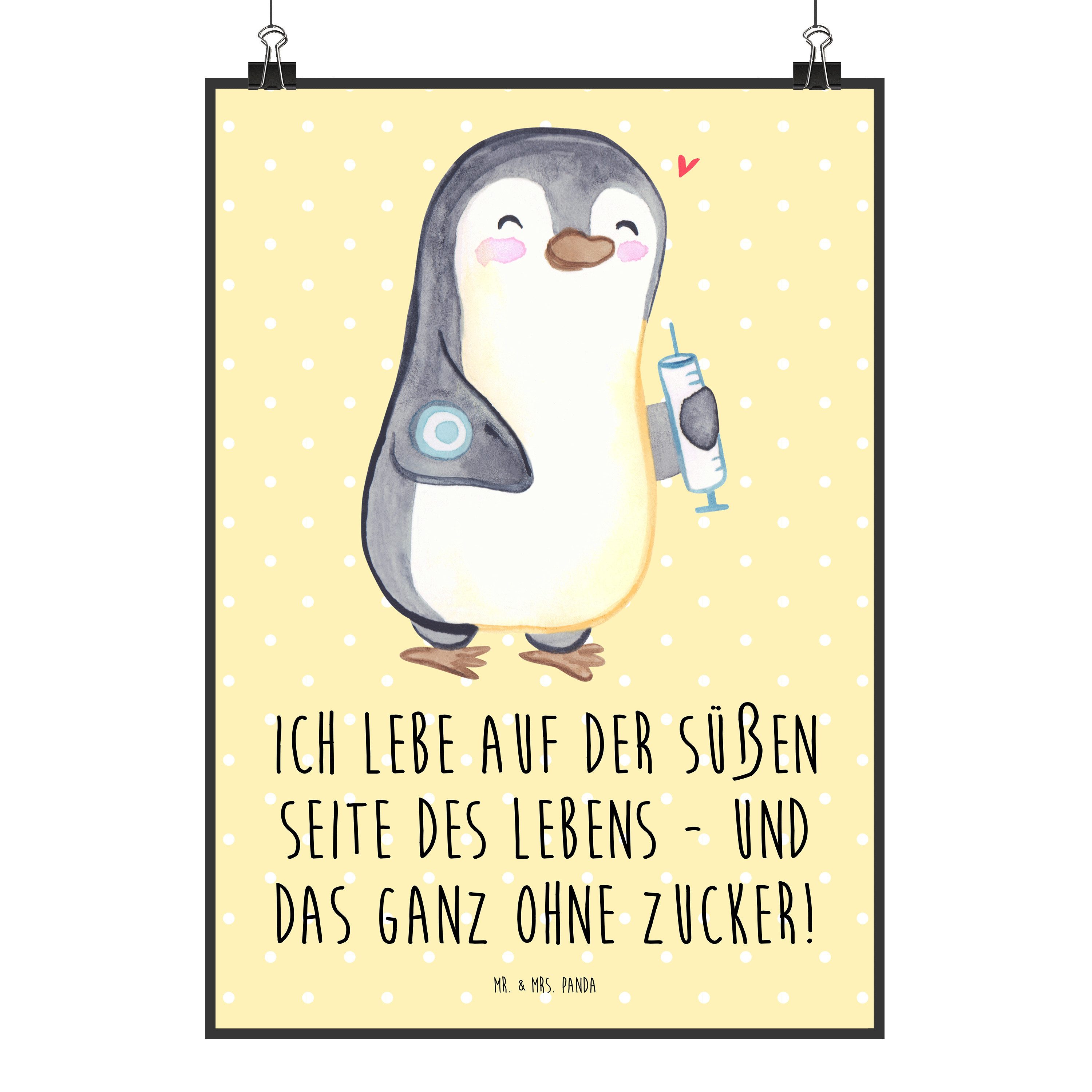 Mr. & Mrs. Panda Poster Pinguin Diabetes, Bild DIN A4, Gelb Pastell, Wandbild, Plakat, Zucker, Pinguin Diabetes (Packung), Plakat drucke typografie poster