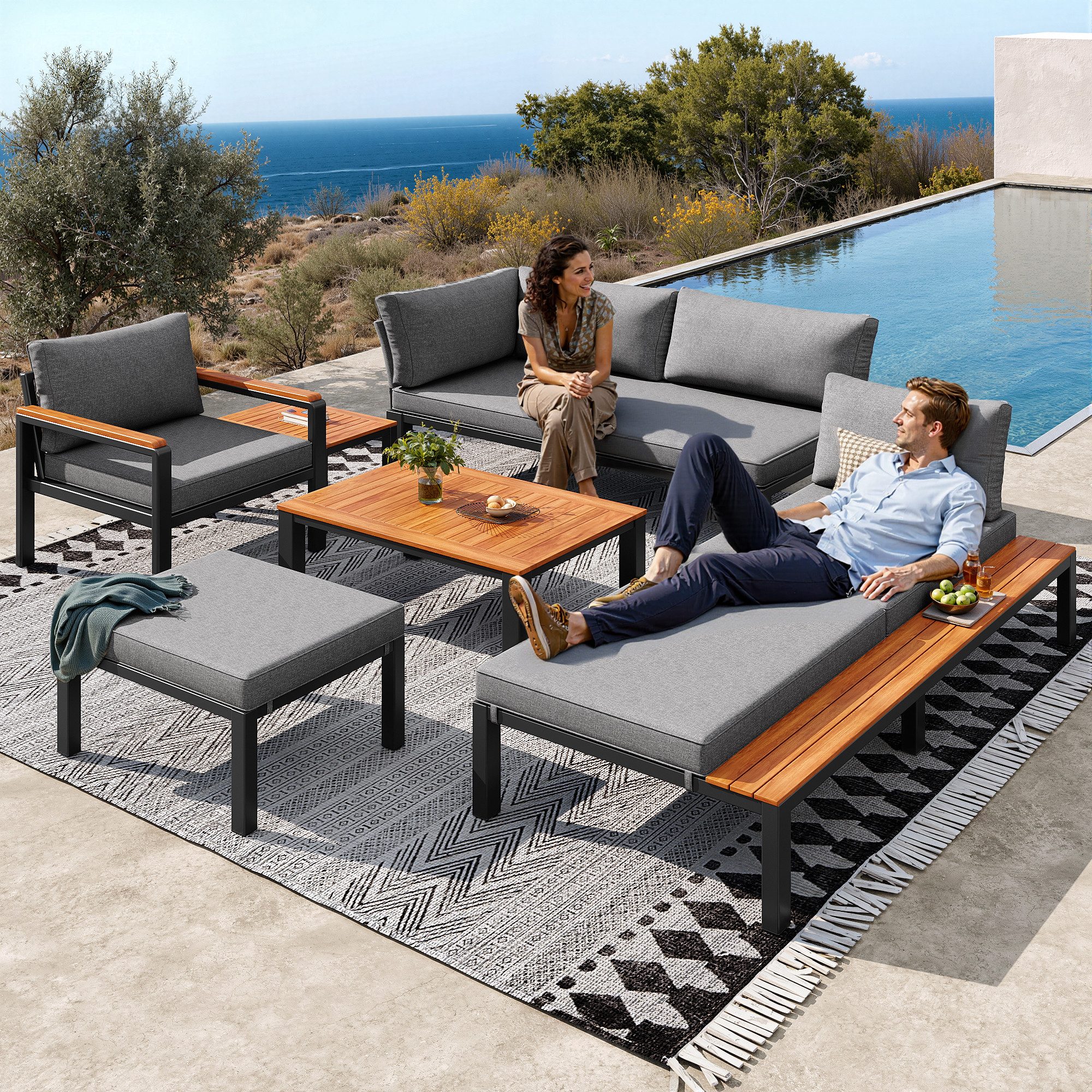 i@home Gartenlounge-Set Outdoor-Sitzgruppe mit freier Kombination, (6-tlg), robustem Metallrahmen, atmungsaktiven Kissen und Holztischen, Grau