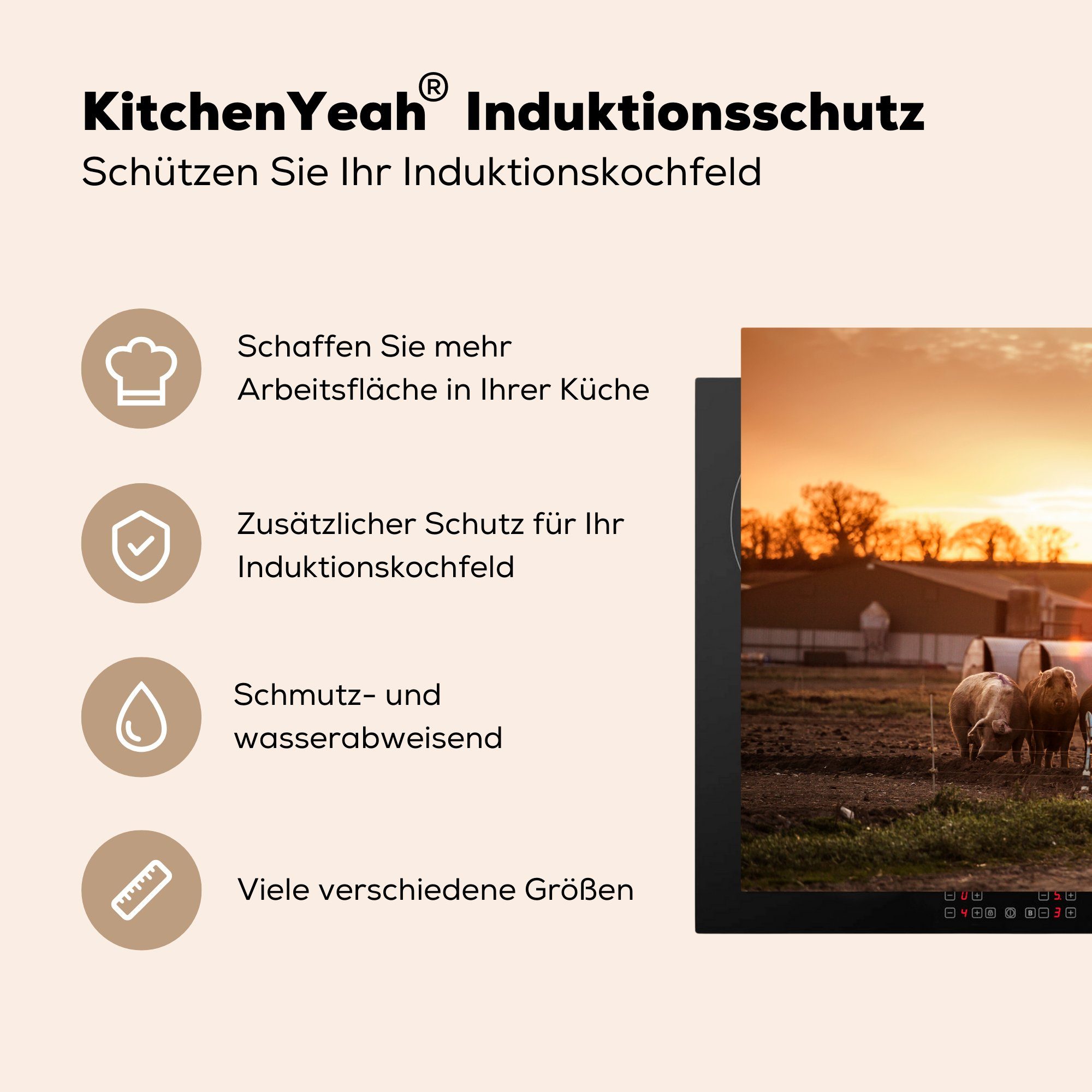 MuchoWow Herdblende-/Abdeckplatte Bauernhof Ceranfeldabdeckung (1 Schutz Schwein, küche, cm, 81x52 - Vinyl, Sonne tlg), Induktionskochfeld für die 