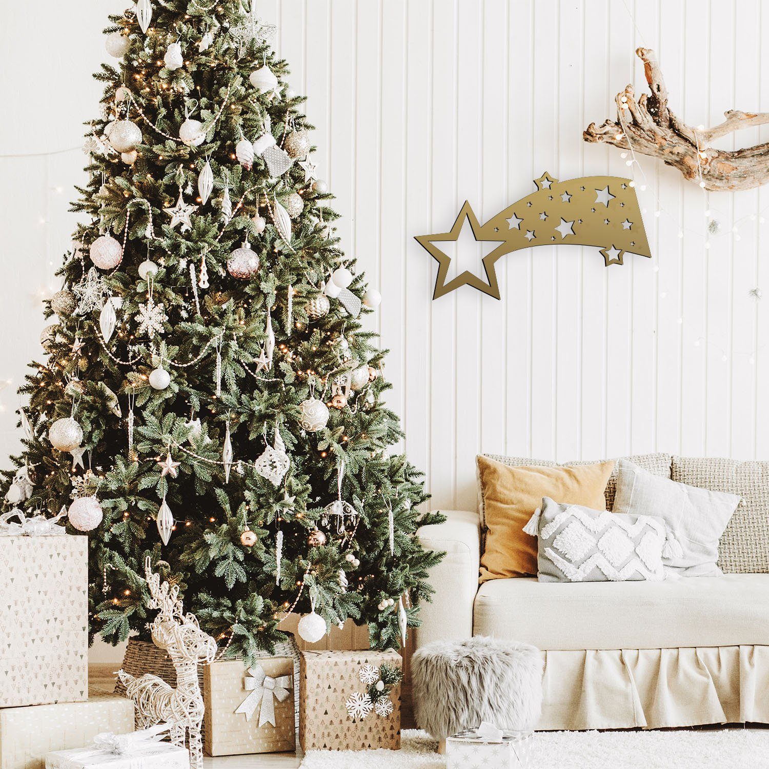 Namofactur LED Dekolicht Sternschnuppe - Dekoobjekt aus Holz mit Sternen Motiv - Wand Lampe, Ohne Zugschalter/Stern, LED fest integriert, Warmweiß, Wanddekoobjekt Wohnzimmer Leuchte batteriebetrieben