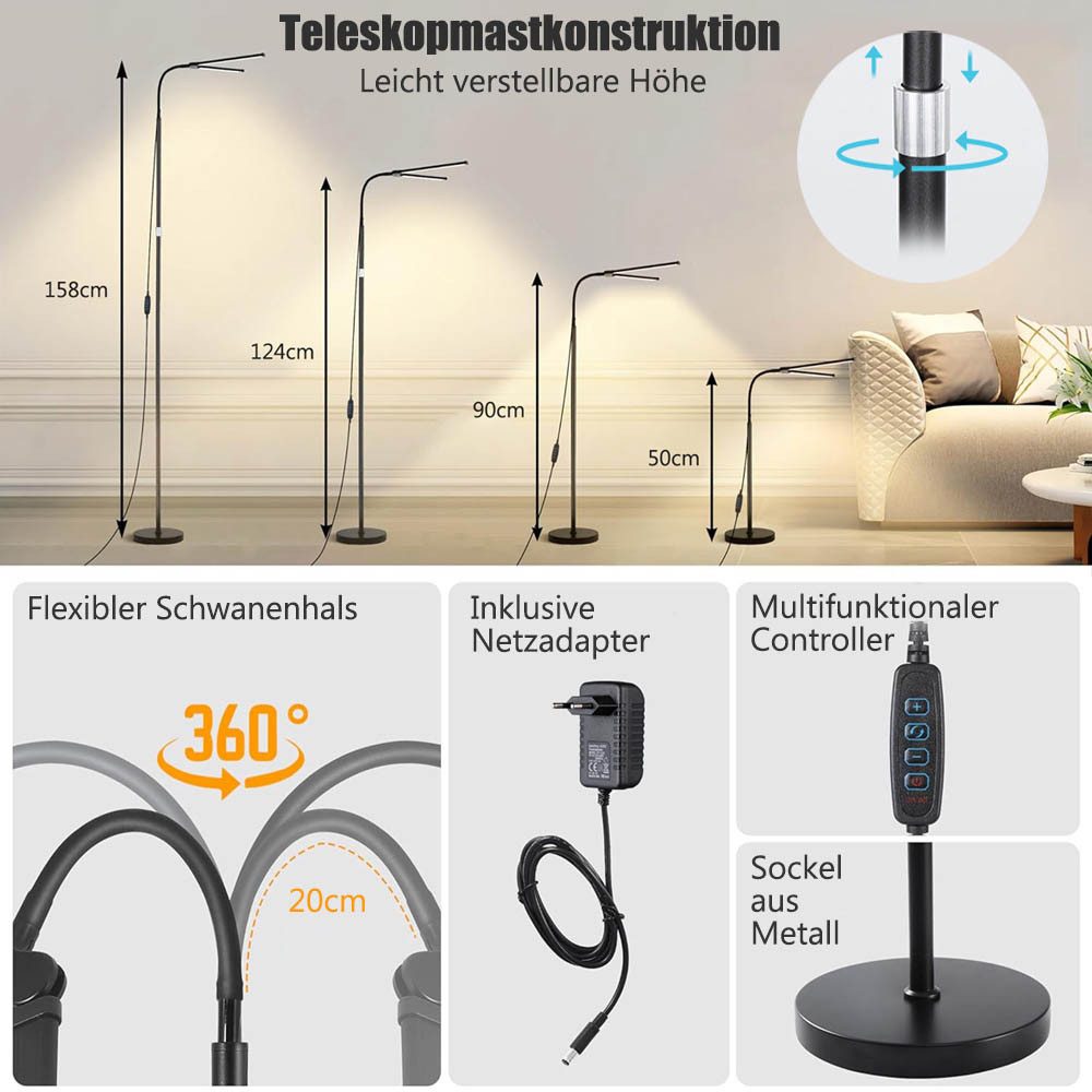 LMaxhome LED Stehlampe Dimmbar Doppelkopf Standlicht Modern 360°-Schwanenhals Leselampe Büro, EU-Stecker, LED fest integriert, 4 Höhenverstellbar(50–158CM), 10  – Bild 3 von 5