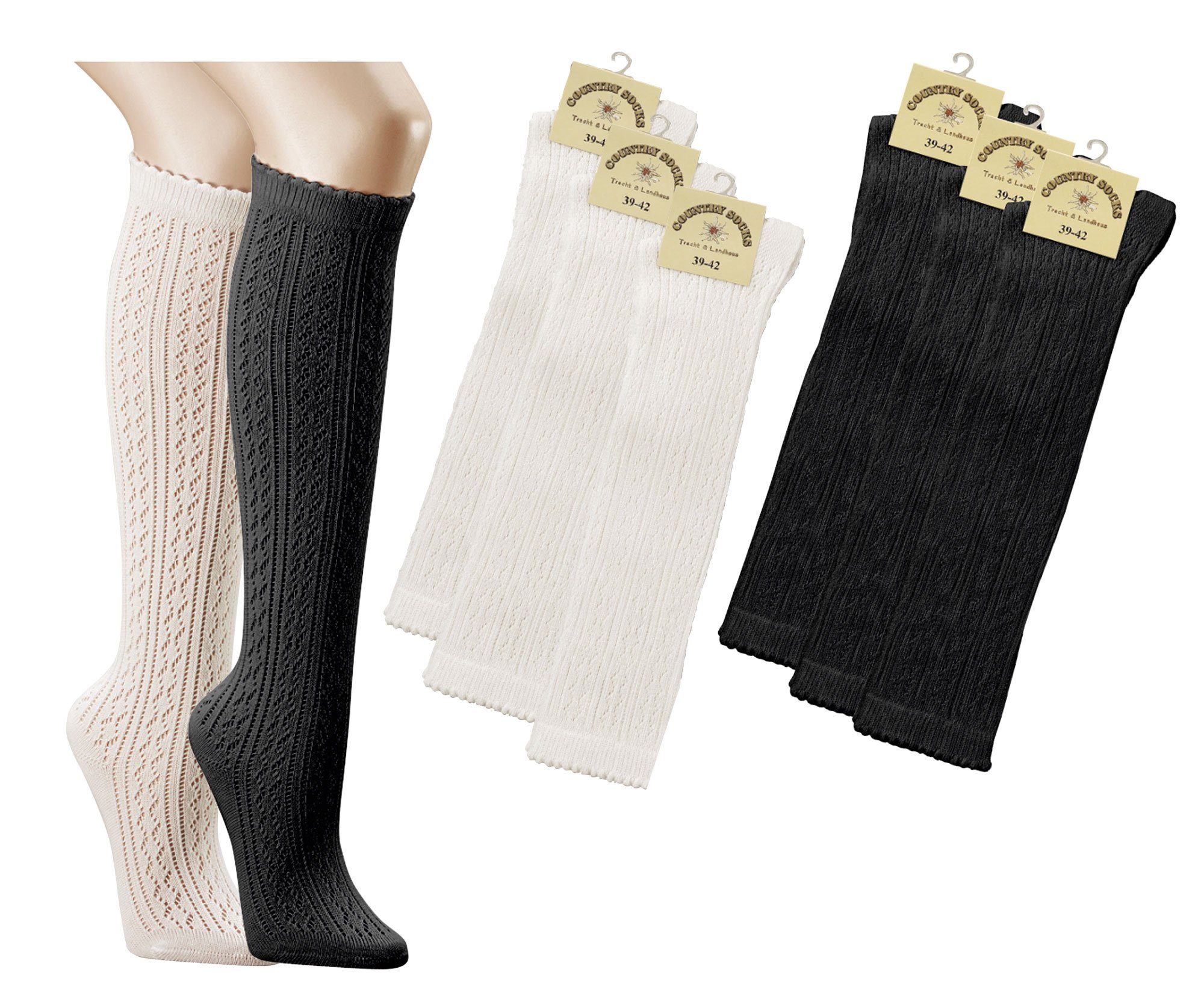 TippTexx 24 Trachtensocken 3 Paar lange Damen Trachtenkniestrümpfe Häkellook Trachtenstrümpfe