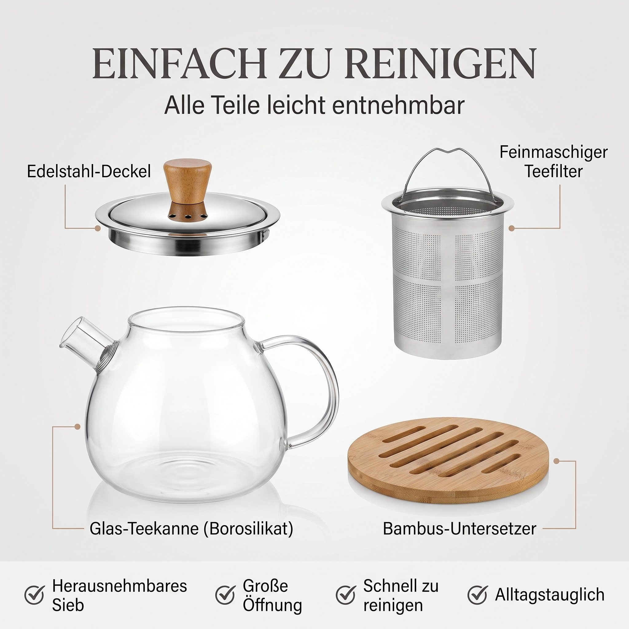 hausleben Teekanne Glas mit Edelstahl-Sieb Untertelle 1,5 Liter, (1-St), Bambus Unterteller Tropffrei, Hitzebeständig, Spülmaschinenfest