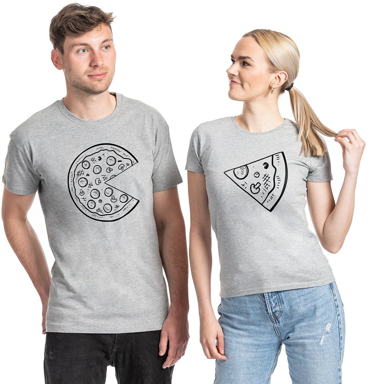 Couples Shop T-Shirt Pizza Partner Look T-Shirts (1-tlg) mit trendigem Fun Print Damen / Grau