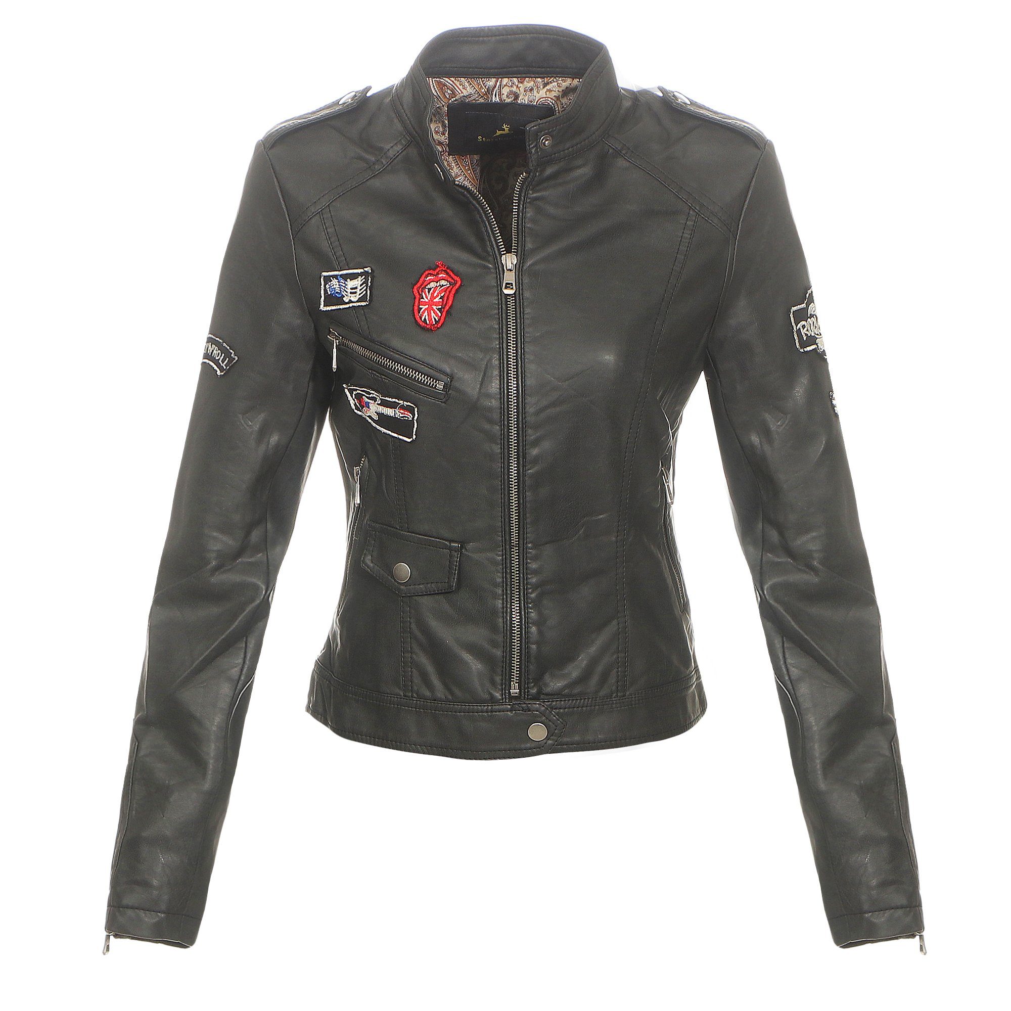 (Vegane Biker SS02 Patches) Lederimitatjacke Kunstleder mit Schwarz Starshocker Jacke