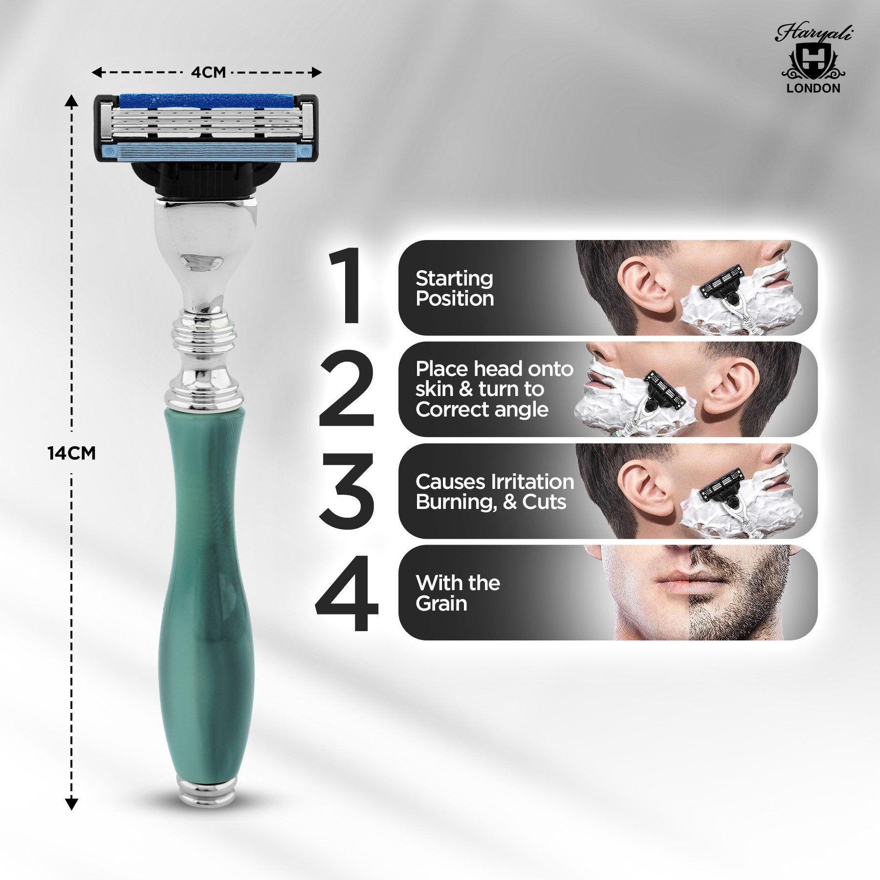 Haryali London Nassrasierer Premium 3-Klingen-Rasierer für Herren, ergonomischer Rasierer, grün, Packung, Abnehmbarer, verstellbarer Rasierer mit hochwertigem Messingharz, Abwaschbarer,rutschfester Griff.Passend für alle Mach 3 Rasierklingen.