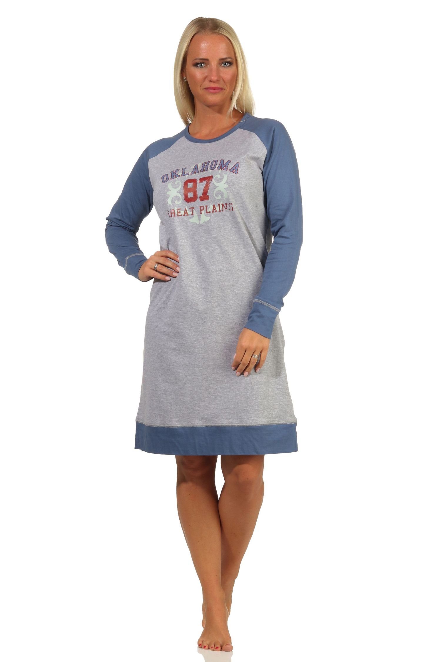 Normann Nachthemd Damen Nachthemd im College Look mit Frontprint und abgesetzten Ärmeln grau-melange