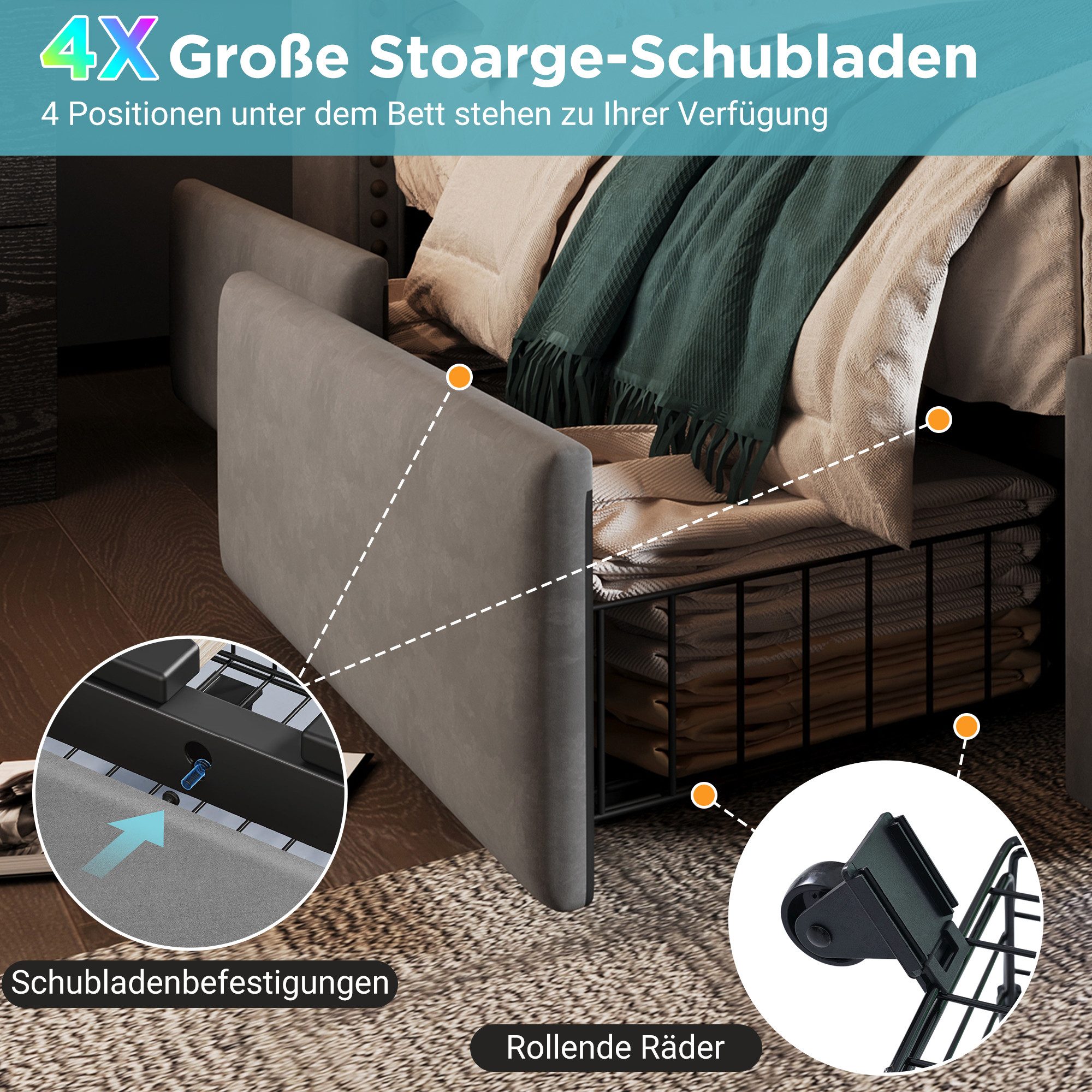 Celya Polsterbett Doppelbett mit 4 Schubladen, LED-Beleuchtung und USB-C-Ladeanschluss (Samt, ohne Matratze), 160×200cm, Stauraumbett und Jugendbett mit Lattenr – Bild 5 von 5