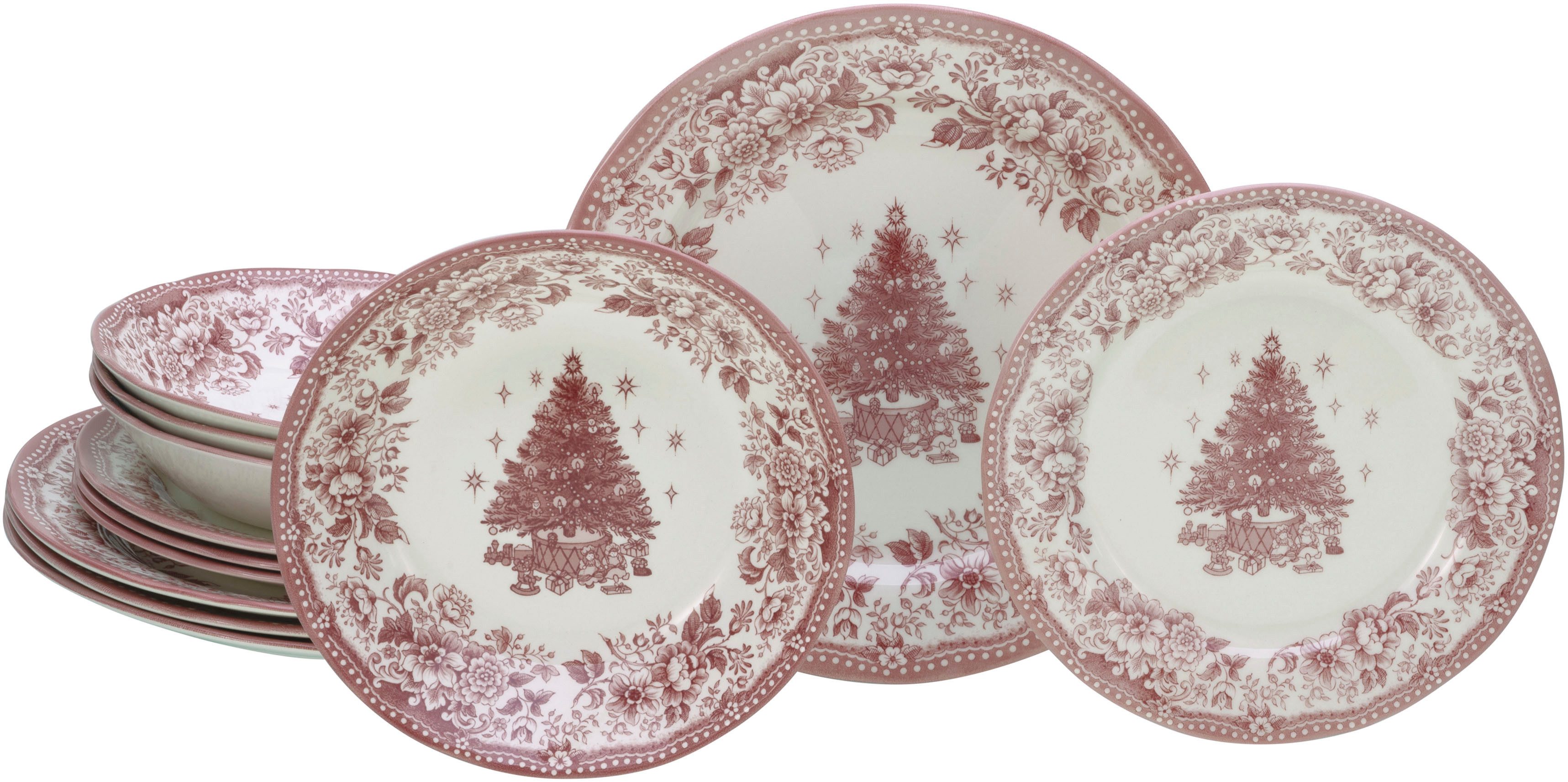 CreaTable Teller-Set Tannenbaum Rot, Tellerset 12-tlg (12-tlg), 4 Personen, Steingut, Tannenbaum als Zentralmotiv