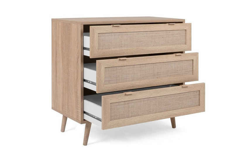 Finori Sideboard Sideboard Schubkastenkommode Bali, Sonoma Eiche / Rafia Geflecht