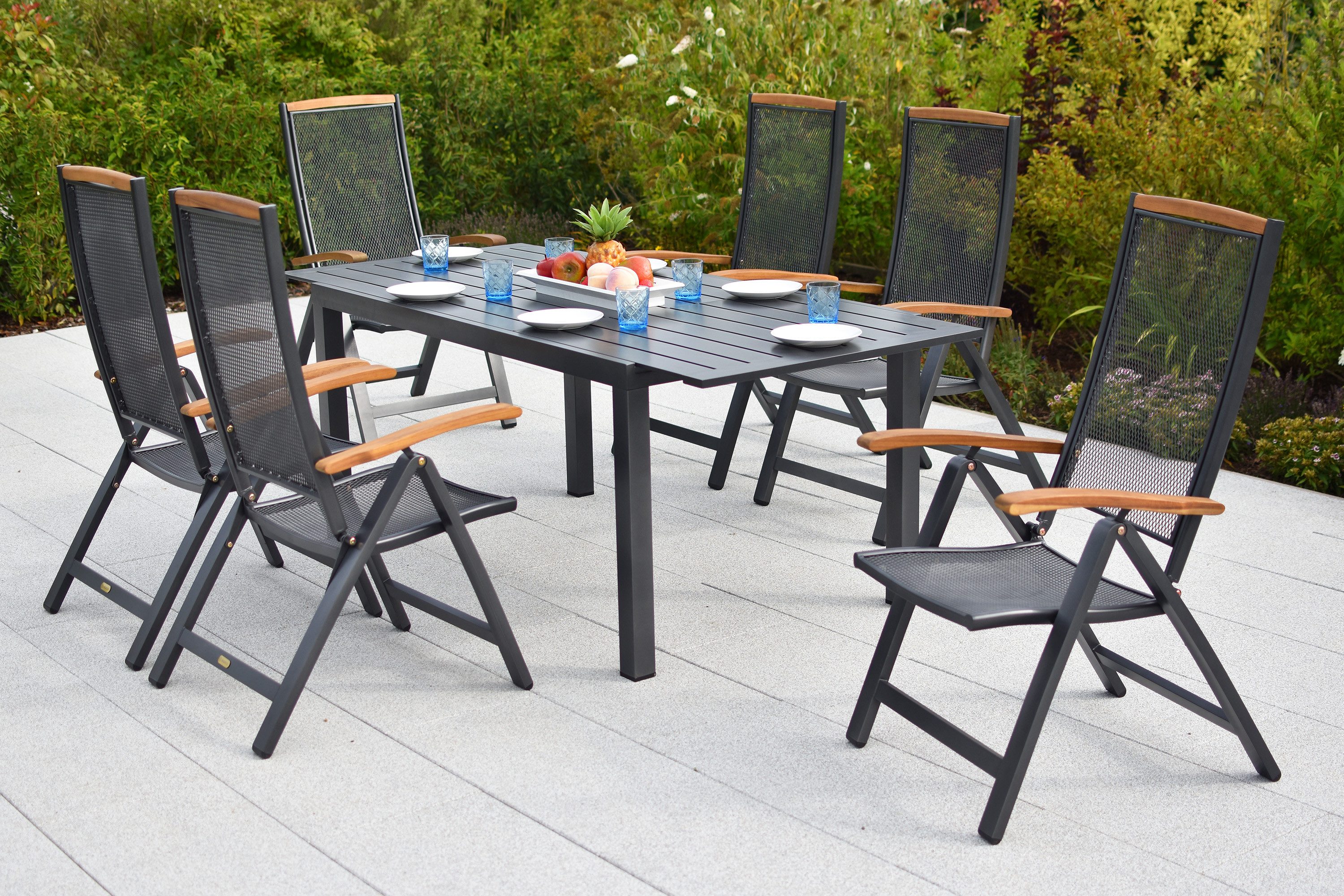 MERXX Garten-Essgruppe Tilos, (Set, 7tlg), 6 Klappsessel mit verstellbarer Rückenlehne, Ausziehtisch, Aluminium