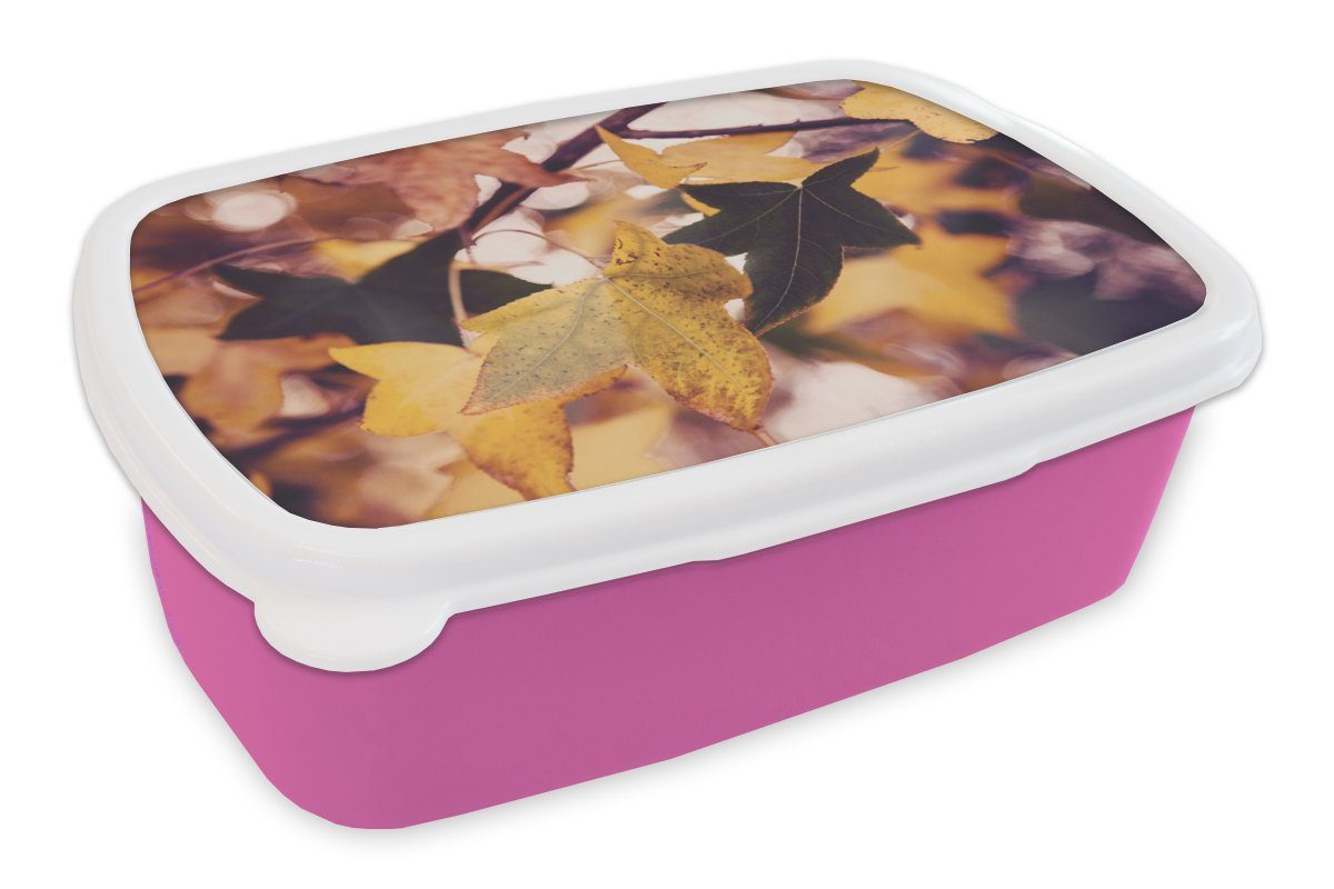 MuchoWow Lunchbox Blätter - Ahorn - Herbst - Jahreszeiten, Kunststoff, (2-tlg), Brotbox für Erwachsene, Brotdose Kinder, Snackbox, Mädchen, Kunststoff rosa