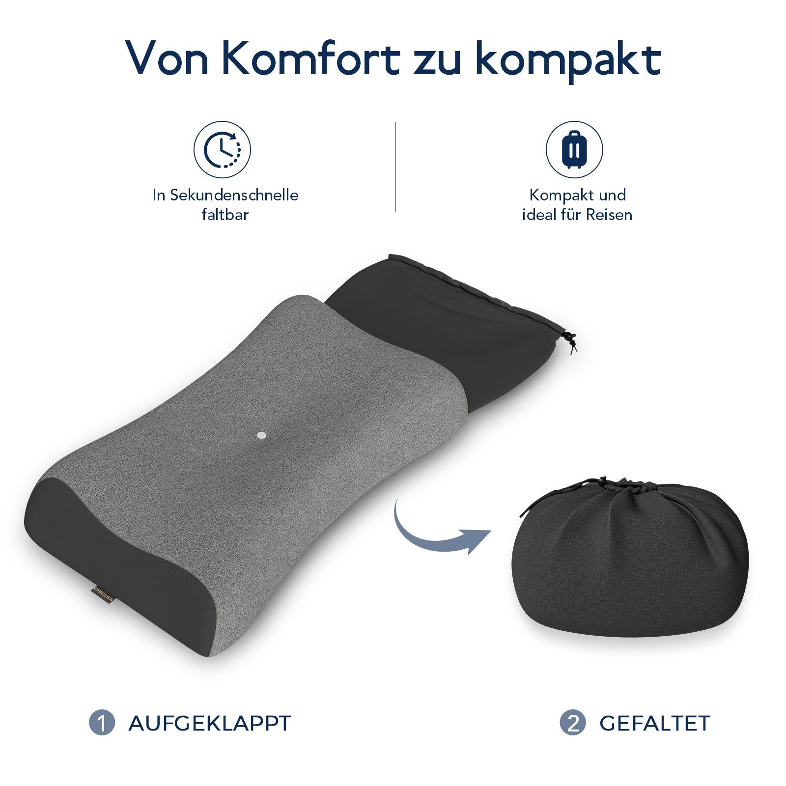 CHICASA Kopfkissen Reisekissen Grau, ergonomisch, 50D Memory-Schaum – Bild 4 von 5
