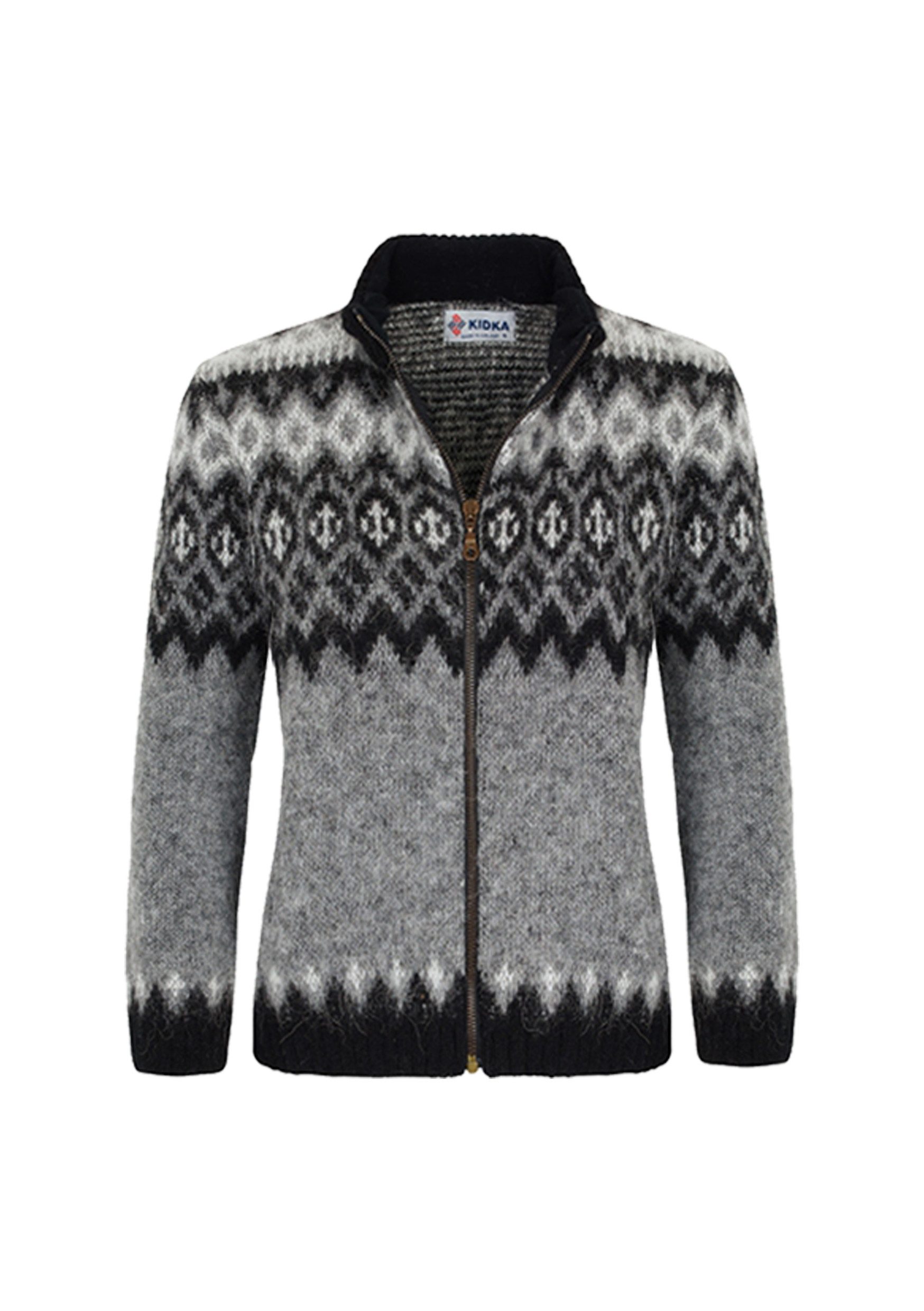 KIDKA Cardigan - Nordische Woll-Strickjacke für Damen / Herren - Farbe grau-schwarz - aus rauer isländischer Wolle