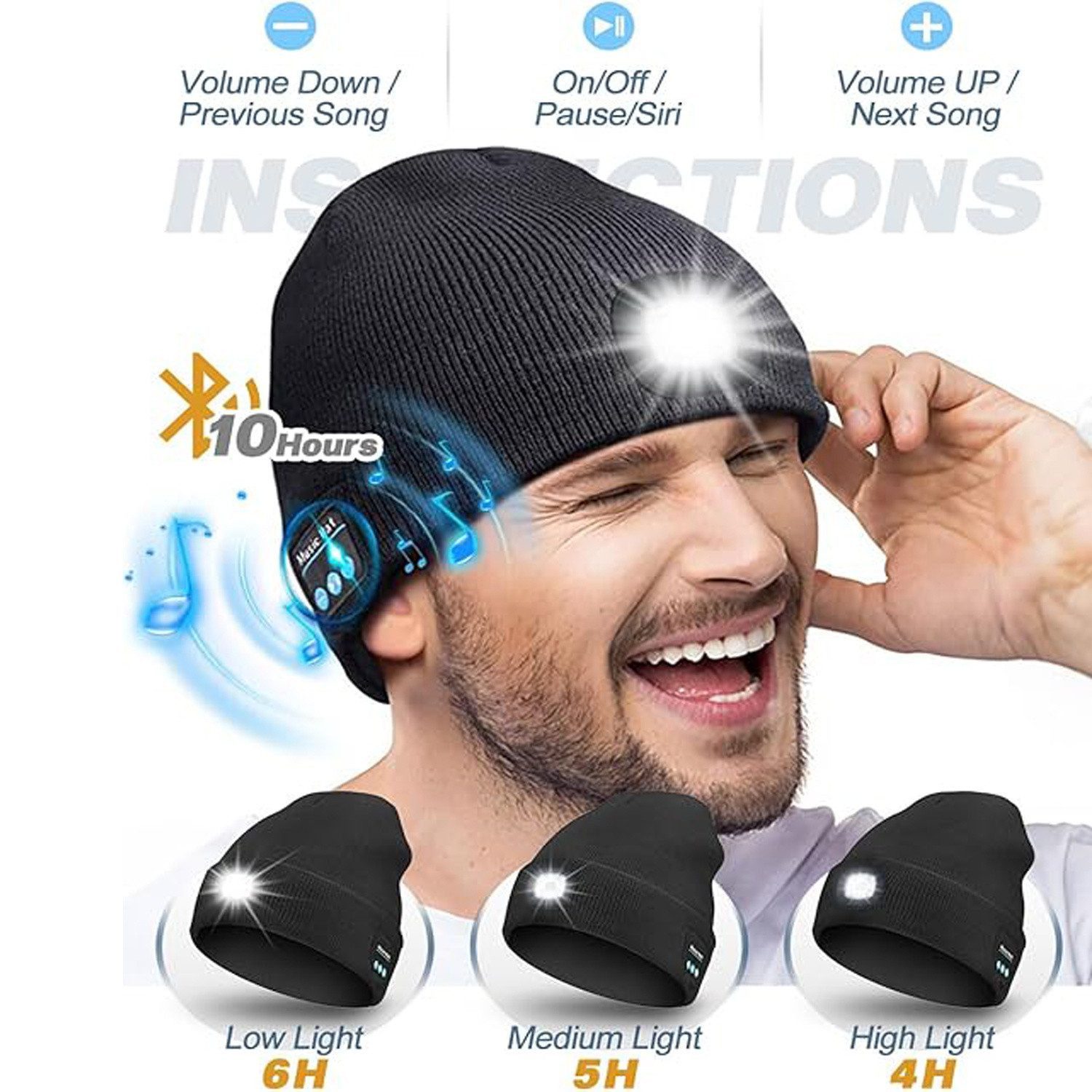 feinlux Strickmütze Strickmütze Bluetooth Beanie Mütze (Packung, Unisex-Mützen mit Taschenlampe) mit Licht,Stirnlampe Mütze mit Kopfhörer USB aufladbar(  1 Stück)