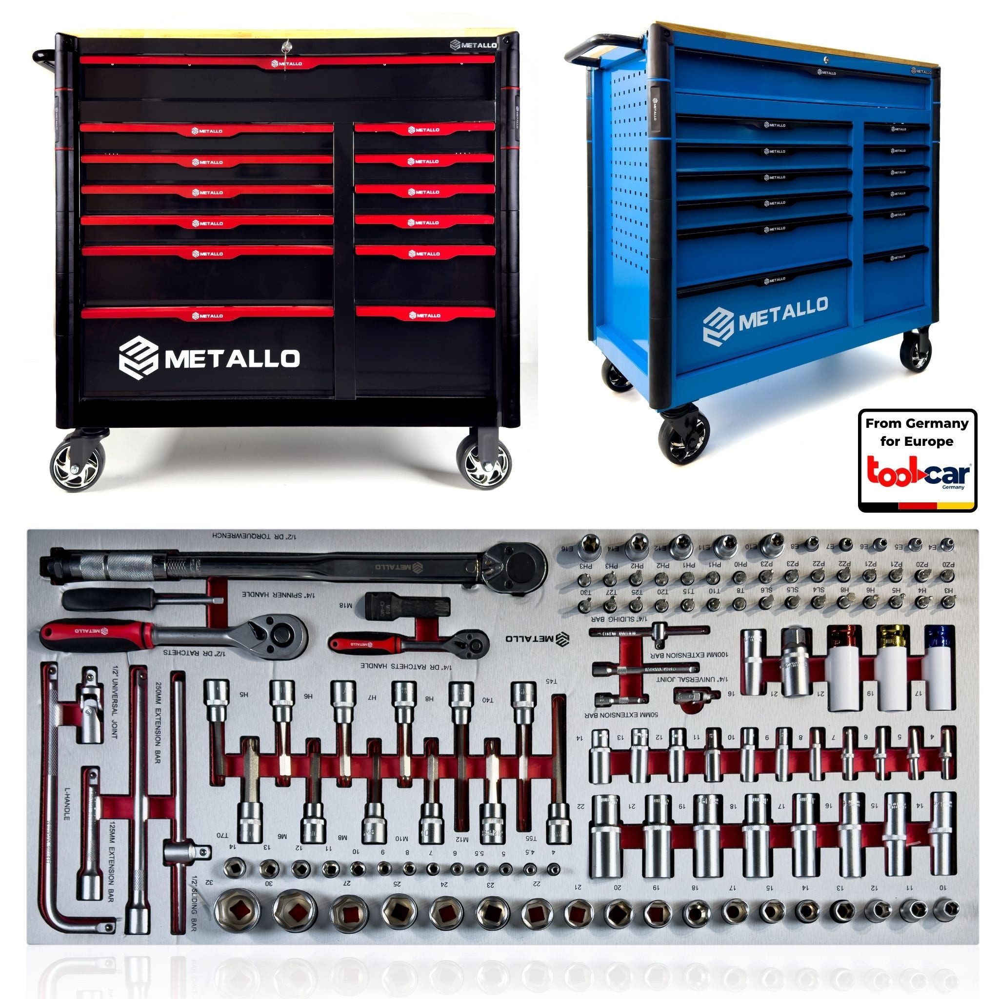 Toolcar Werkzeugwagen Werkstattwagen XXL, befüllt bestückt gefüllt mit Werkzeug, Holzplatte, abschließbar, kugelgelagerte Rollen, Chrom-Vanadium-Stahl, stabil, max. Traglast:35 kg, 457-tlg. Werkzeugset, (Umfangreich bestückt: Steck/Ratschen, Torx, Schraubendreher, Zangen, 457-tlg., Profi-Setup: Ratschen 1/4–1/2", lange Nüsse,T-Griffe, Schraubendreher), Extra-Stauraum seitlich, obere Schublade, ergonomischer Griff
