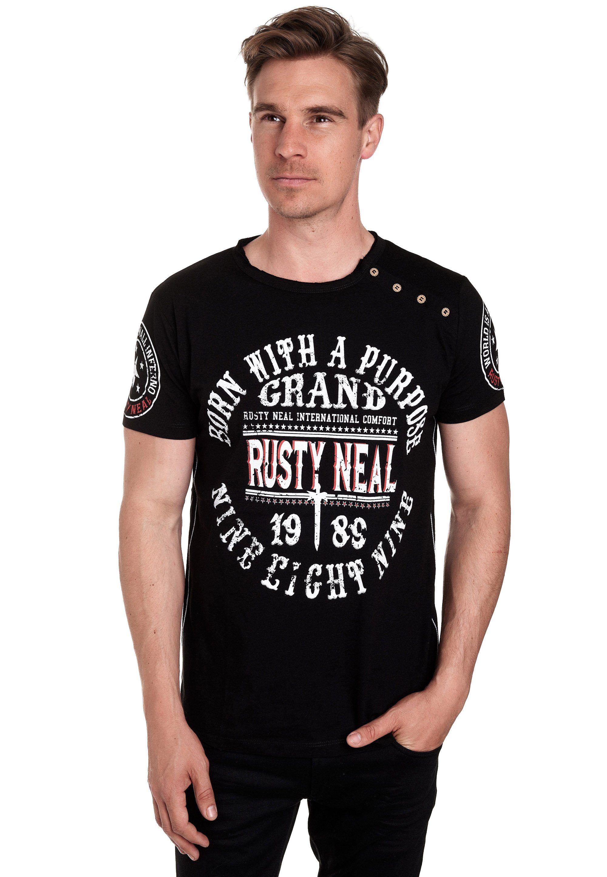 Rusty Neal seitlicher schwarz mit Knopfleiste T-Shirt
