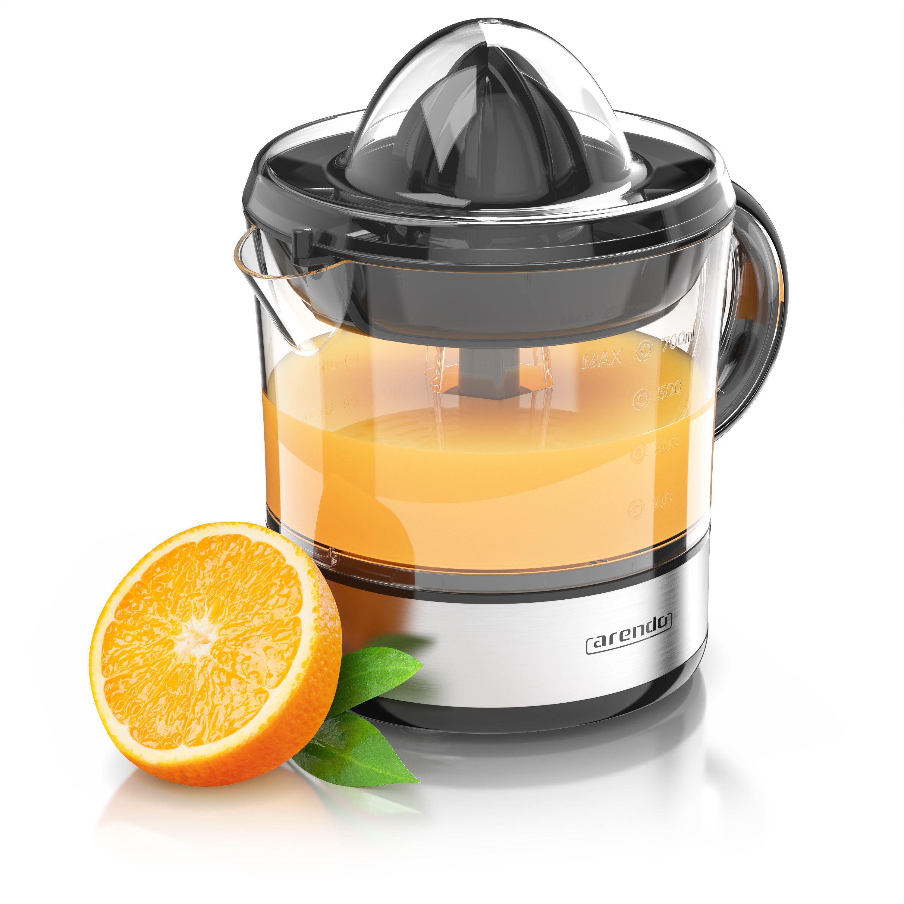 Arendo Entsafter Automatische Zitruspresse, 2 Presskegel, BPA-frei, zwei Drehrichtungen, 40 W, 700ml Behälter, anpassbare Siebgröße, Aromadeckel, spülmaschinenfest