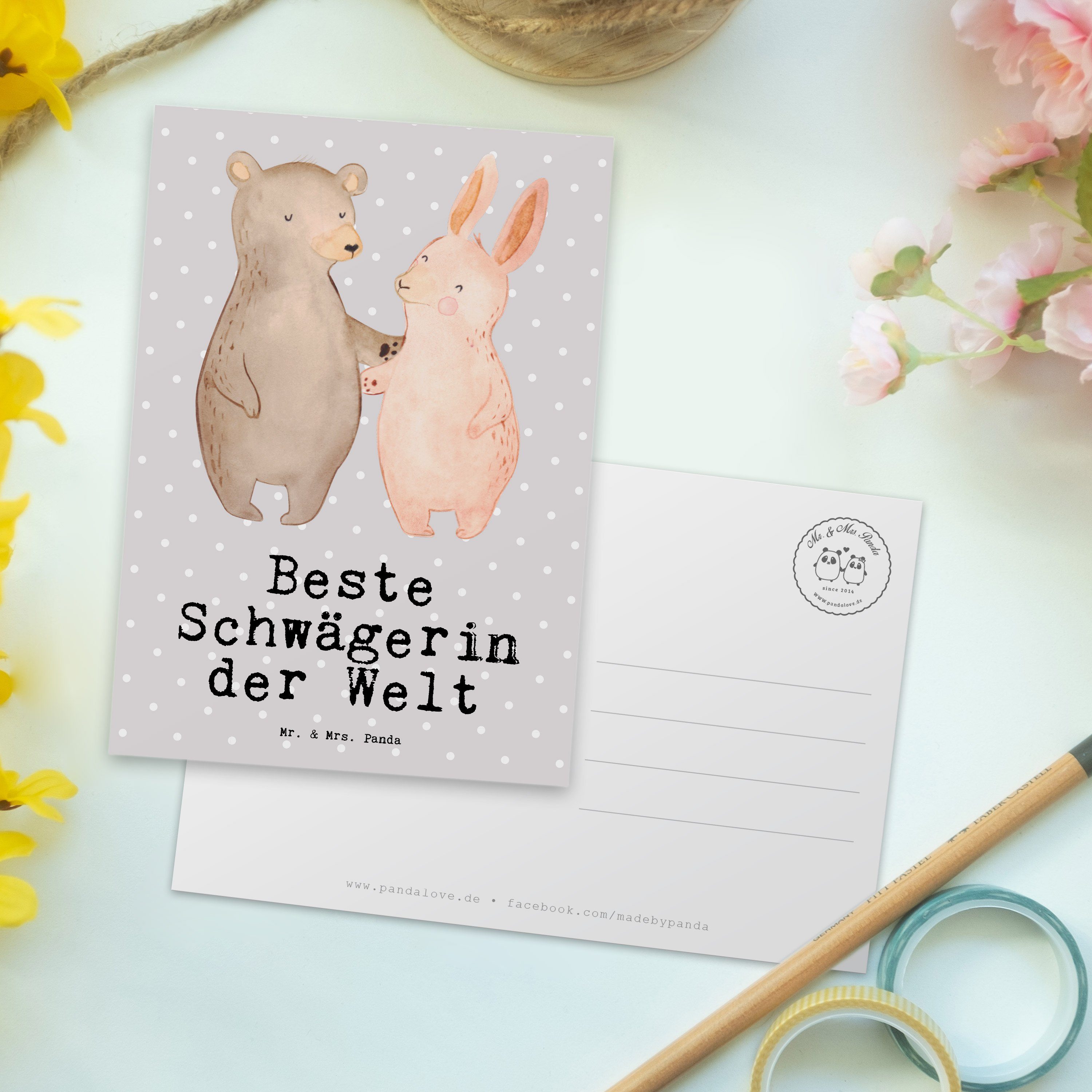 Mr. & Mrs. Panda Postkarte der Hase Beste Geschenk, Schwägerin Welt - Grau - Pastell Geschenkkar