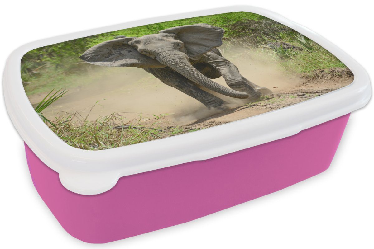 MuchoWow Lunchbox Brotbox Laufender Elefant, Kunststoff Kinder, Snackbox, Erwachsene, für Kunststoff, (2-tlg), Mädchen, Brotdose rosa