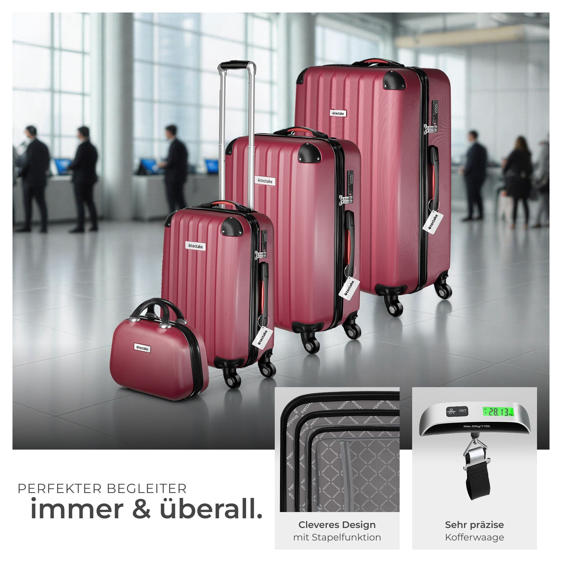 tectake Trolley Hartschalenkoffer-Set 9-teilig mit Kofferwaage und TSA-Zahlenschloss, 4 Rollen, mit Teleskopgriff, 360° drehbare, abnehmbare Rollen, abteilbar