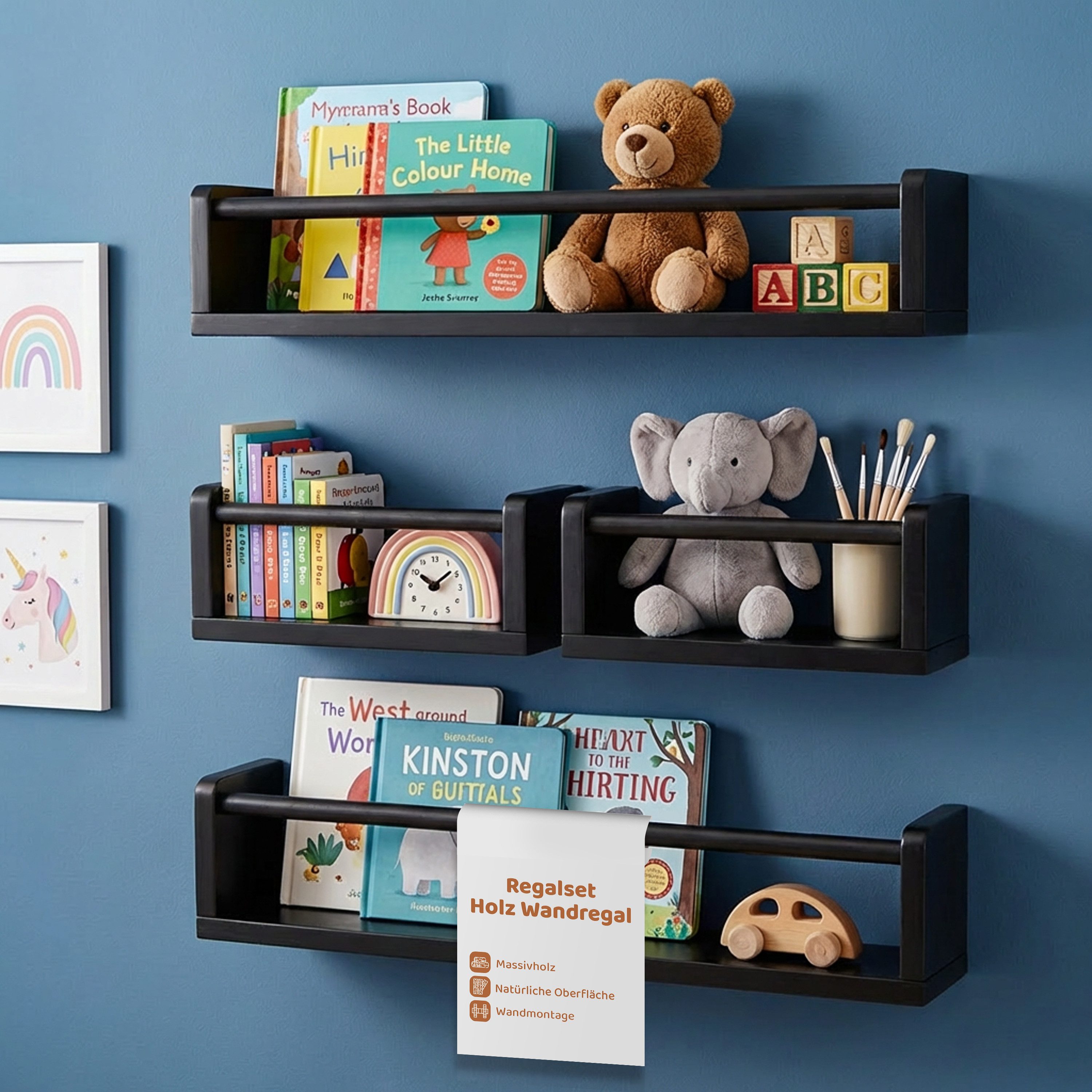 PEGSEN Deko-Wandregal Regal Set aus Echtholz Schweberegal für Deko Kinderzimmer, Set 4-tlg., flexibel kombinierbar