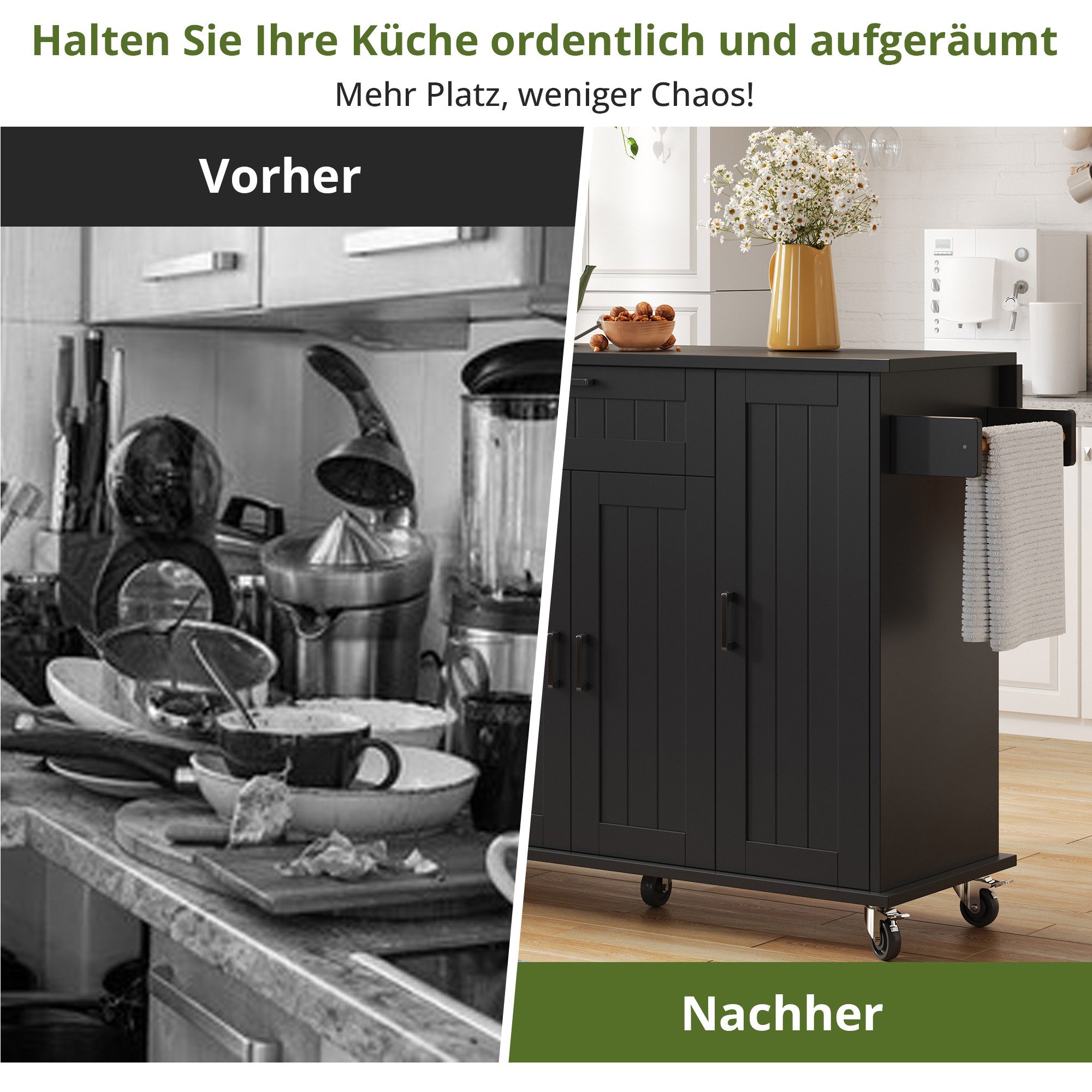 i@home Kücheninsel mit klappbarer Arbeitsplatte, (4 Türen + 1 Schublade, Mit Gewürzregal & Handtuchhalter), Küchenwagen auf Rollen, Ideal für kleine Küche, Wohn – Bild 5 von 5