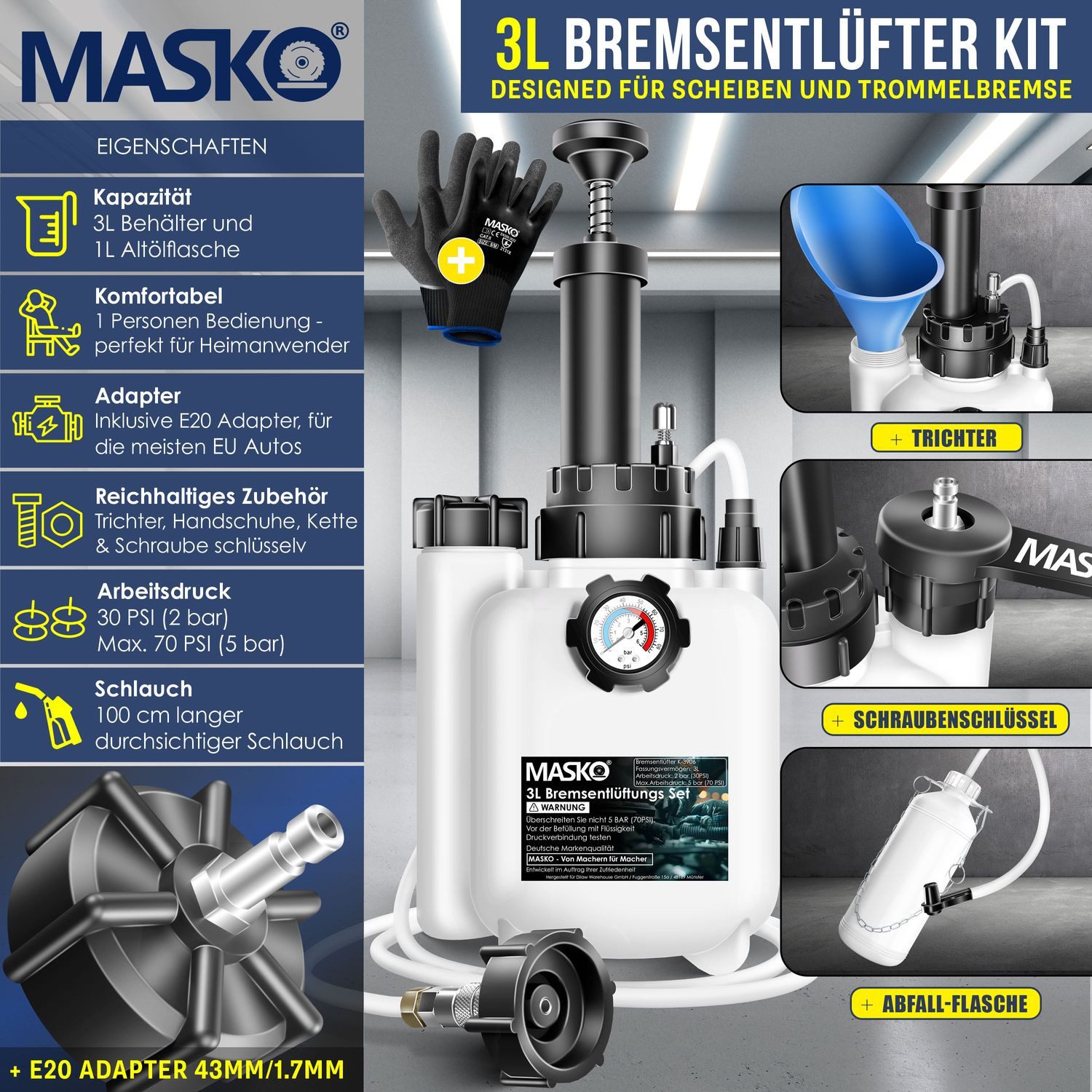 MASKO Bremsscheiben-Richtwerkzeug, Bremsflüssigkeits-Wechselgerät 3L für Scheibenbremsen & Trommelbremsen