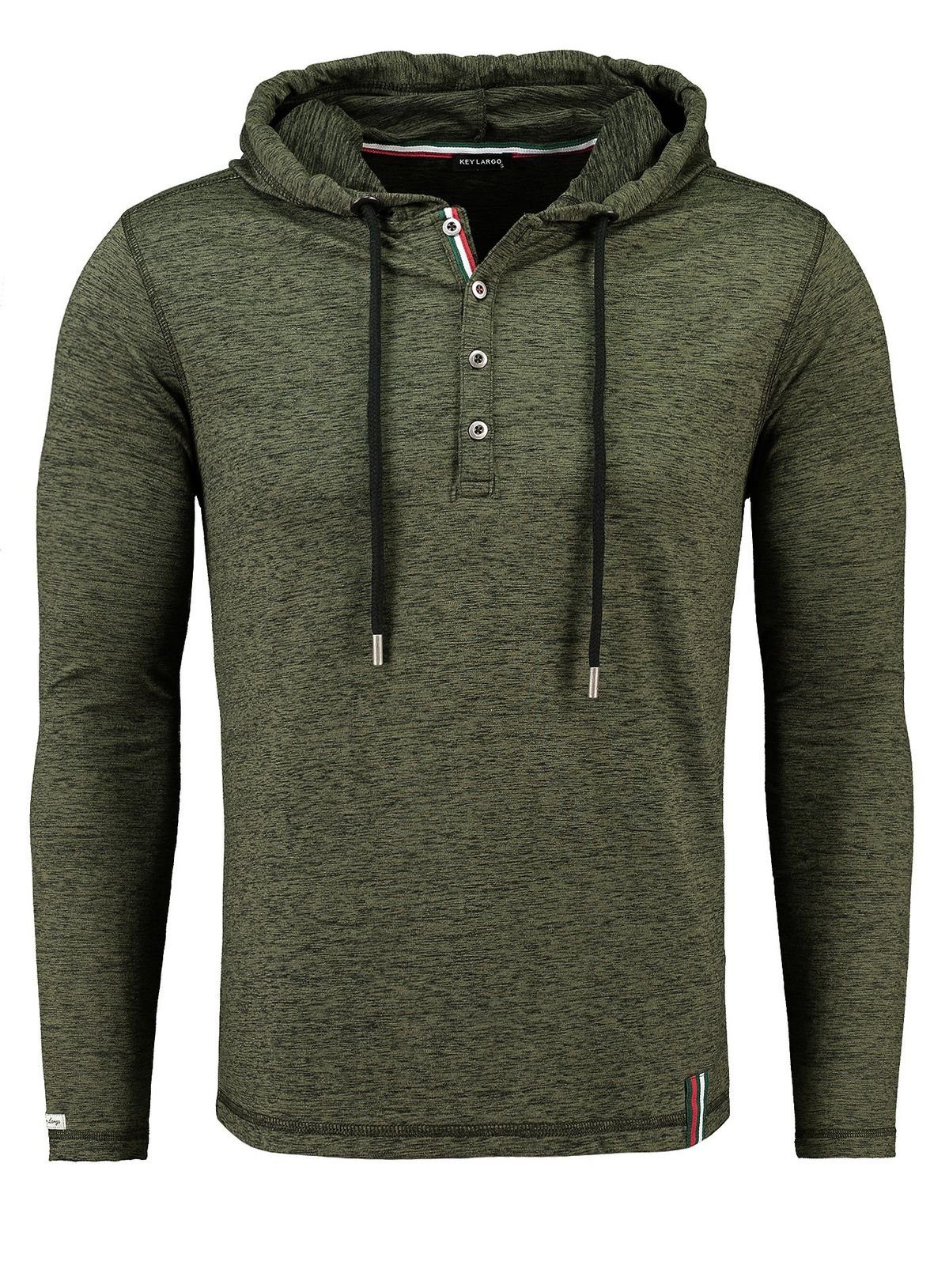 Key Largo Henleyshirt für Herren Jesse Longsleeve hoody Sweatshirt mit Kapuze MLS00058 mit Knopfleiste meliert langarm slim fit bottle green