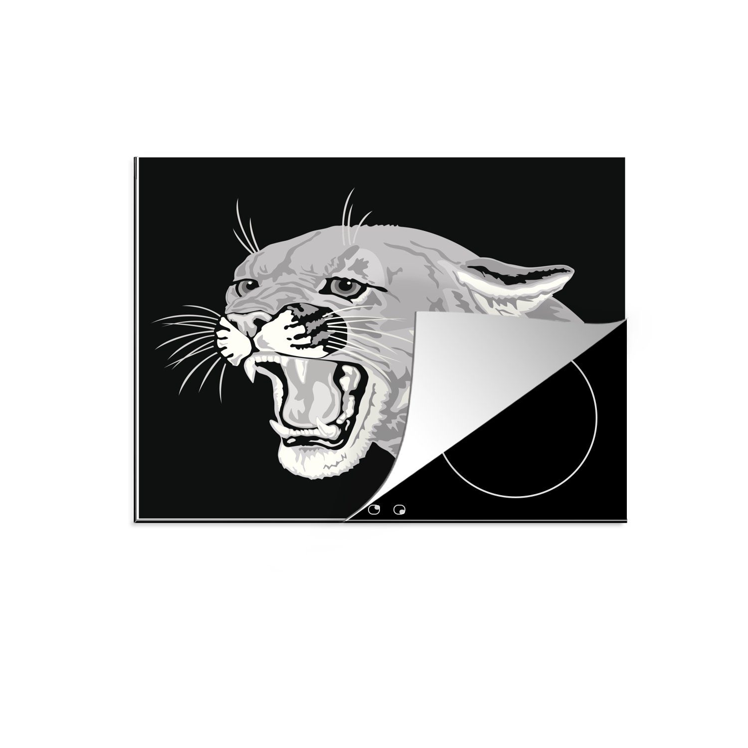 MuchoWow Herdblende-/Abdeckplatte Eine Illustration des Kopfes eines Pumas in schwarz-weiß, Vinyl, (1 tlg), 57x51 cm, Induktionsschutz, Induktionskochfeld, Ceranfeldabdeckung