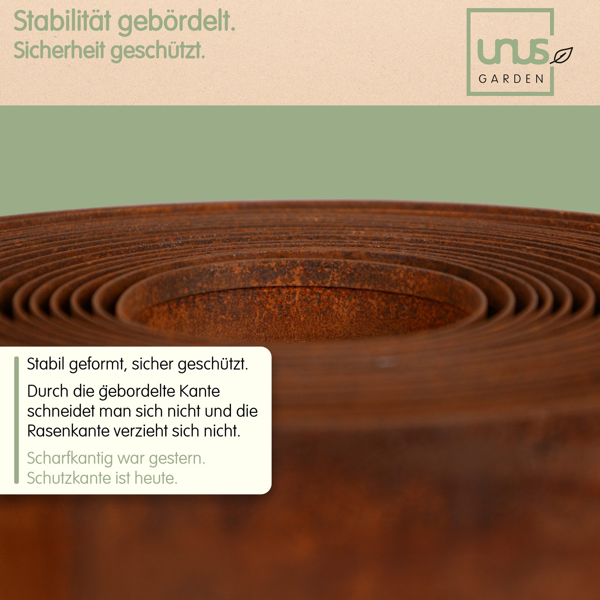 UNUS GARDEN Rasenkante Rasenkante aus glattem Cortenstahl 500x20 cm, LxH: 500x14 cm, inklusive Handschuhe, Mähkante, Beetumrandung, Rasenkante 5 Meter, robust