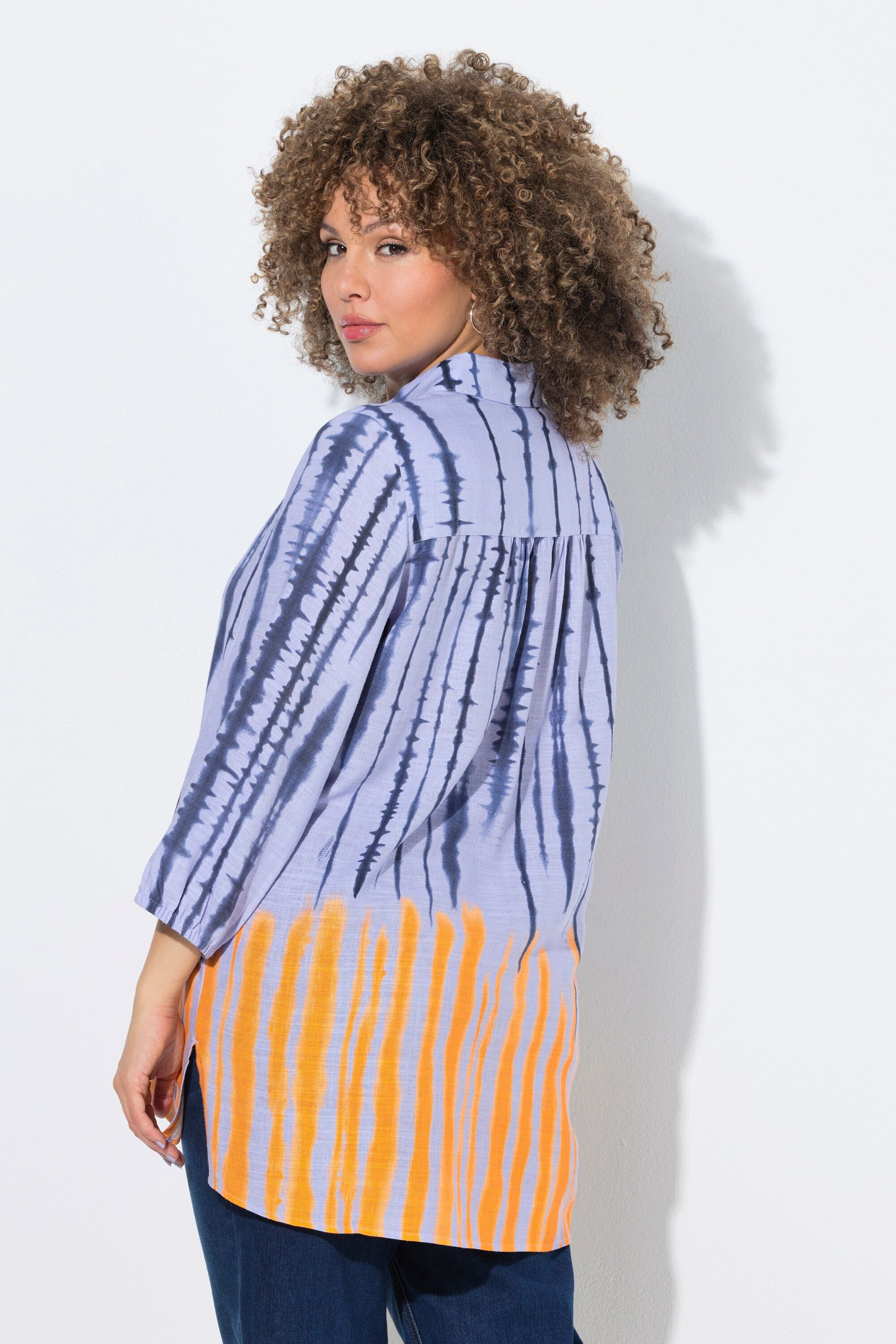 Ulla Popken Hemdbluse Bluse Batikmuster Hemdkragen 3/4-Arm Leinenmix