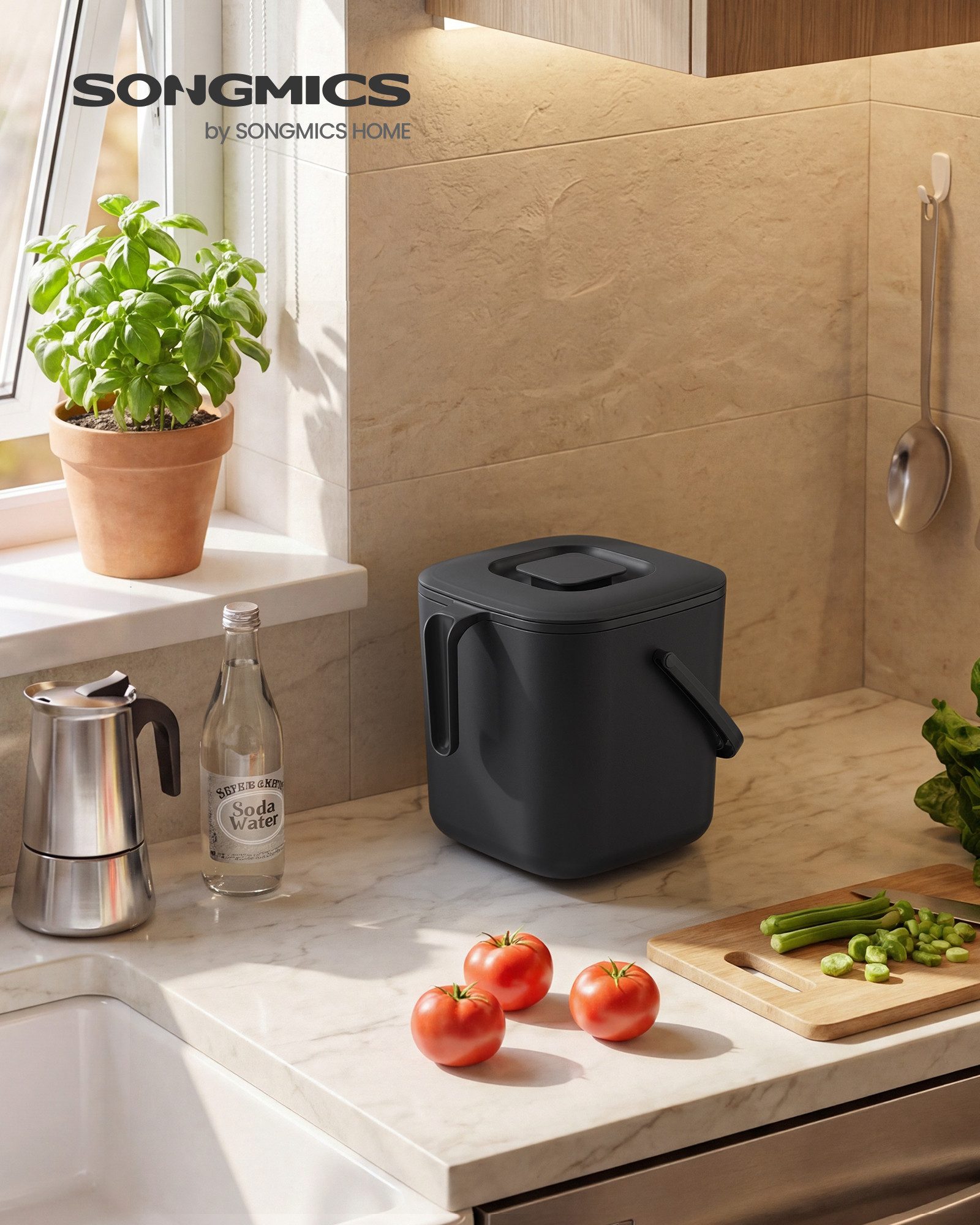 SONGMICS Biomülleimer Biomülleimer mit Deckel und Griff, 4L,7L, Geruchsdichter Komposteimer mit Abtropfkorb