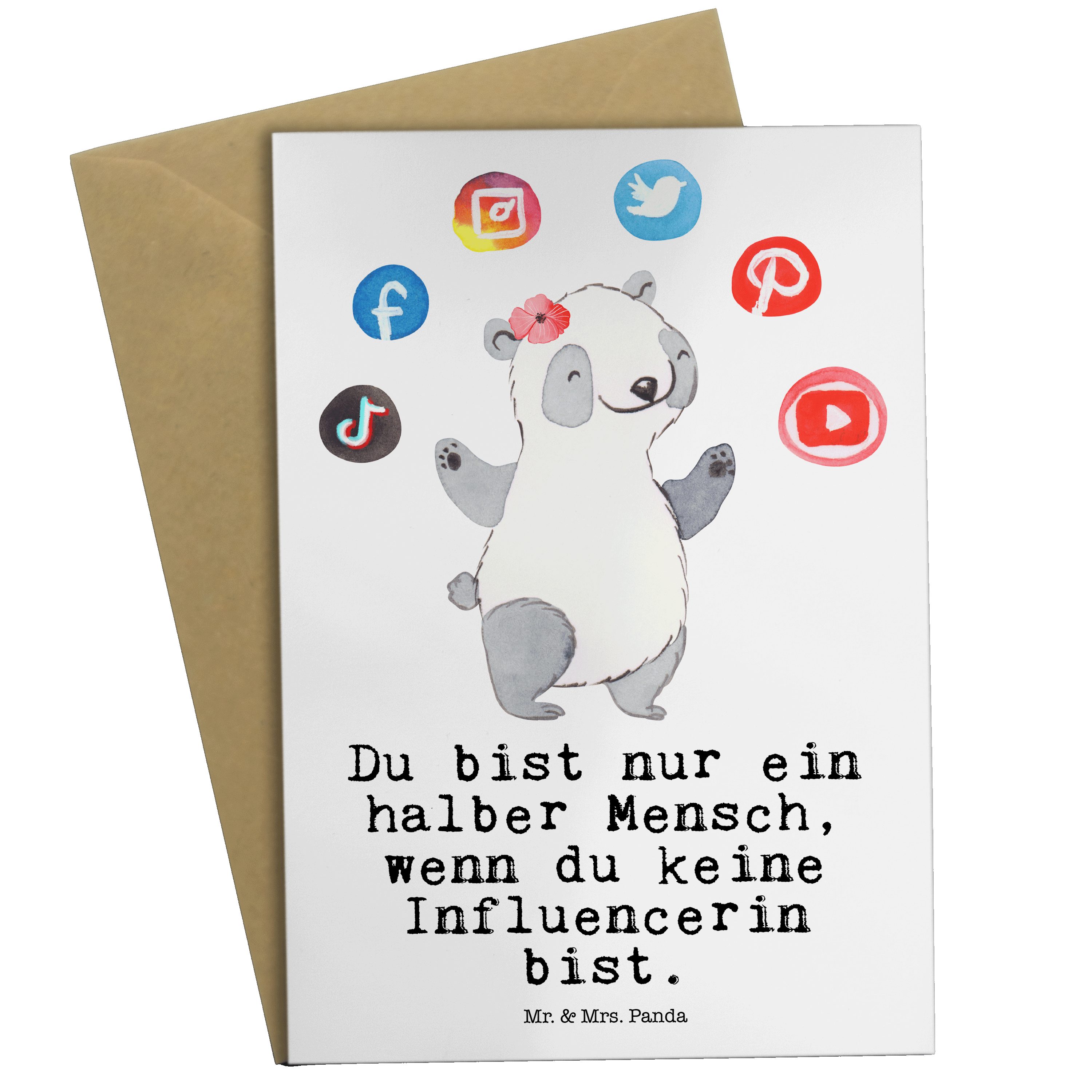 Mr. & Mrs. Panda Grußkarte Influencerin mit Herz - Weiß - Geschenk, Kollege, Karte, Einladungska