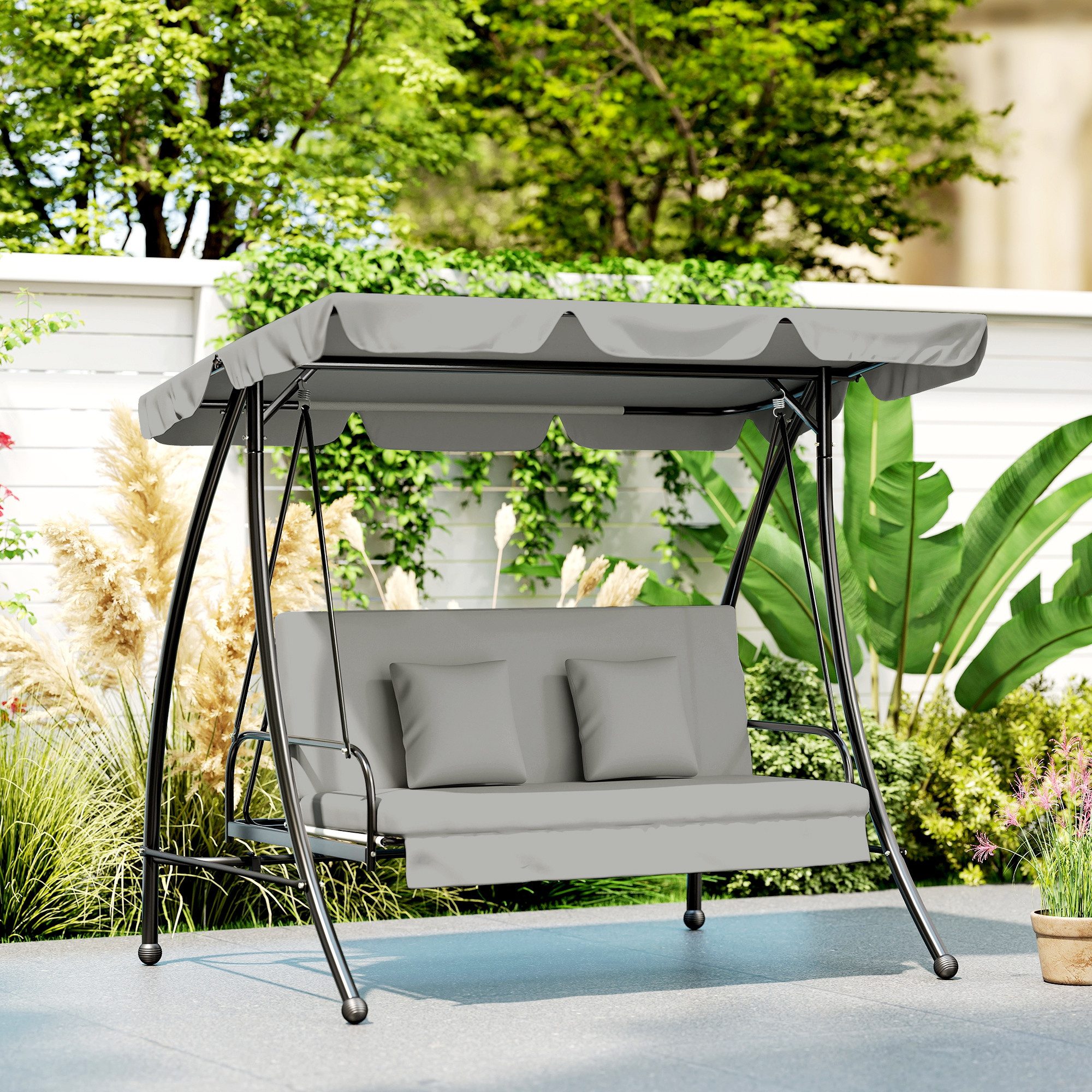 Outsunny Hollywoodschaukel Gartenschaukel mit Sonnendach, belastbar 240 kg, Gartenliege, 3-Sitzer, Bettfunktion, Schaukelstuhl, 1 tlg., Gartenschaukel, für Garten, Balkon, Grau