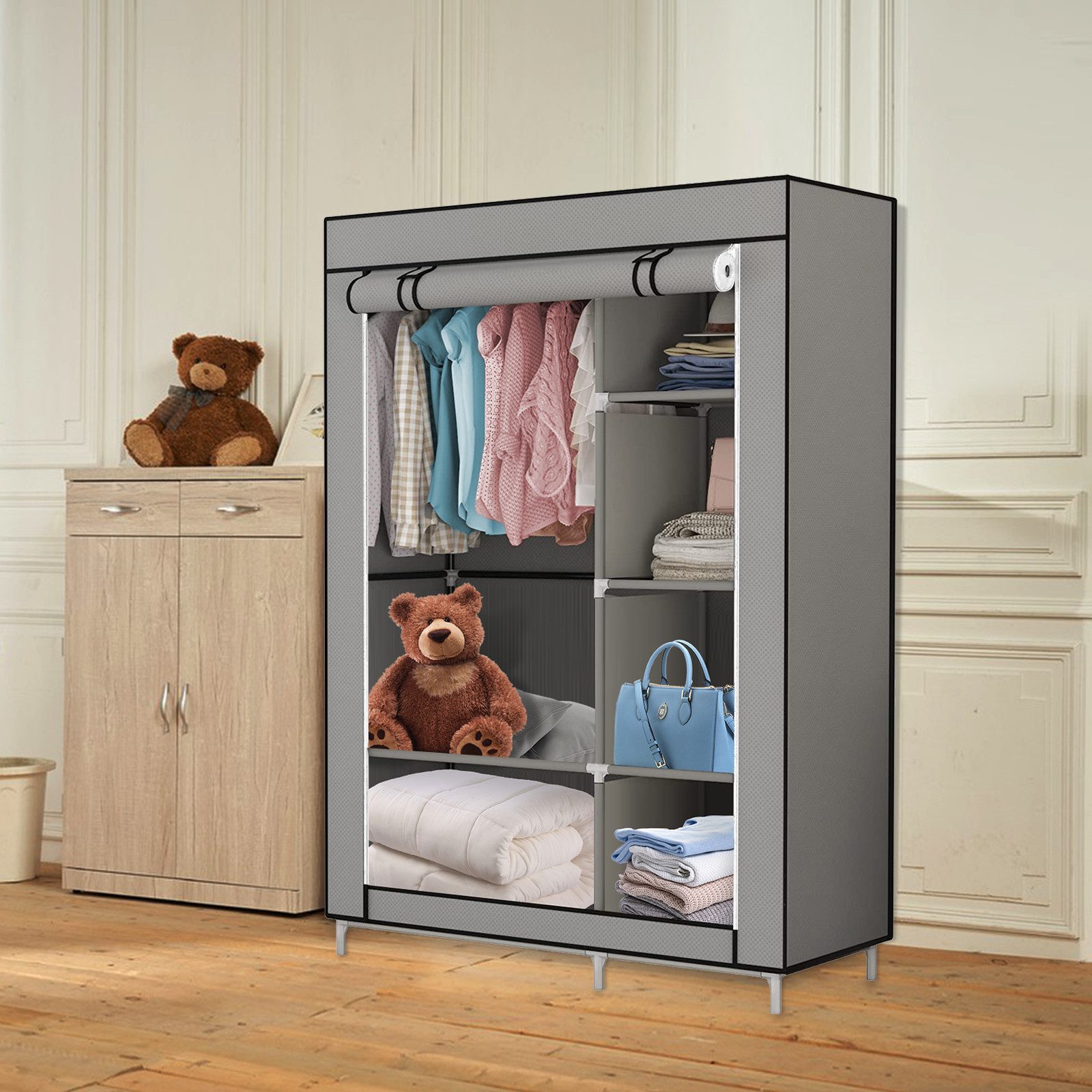 JEOBEST Stoffschrank Kleiderschrank mit Überzug aus Vliesstoff, Kleiderstange (Stück, 1-St) 6 Ablagen 105 x 45 x 170 cm