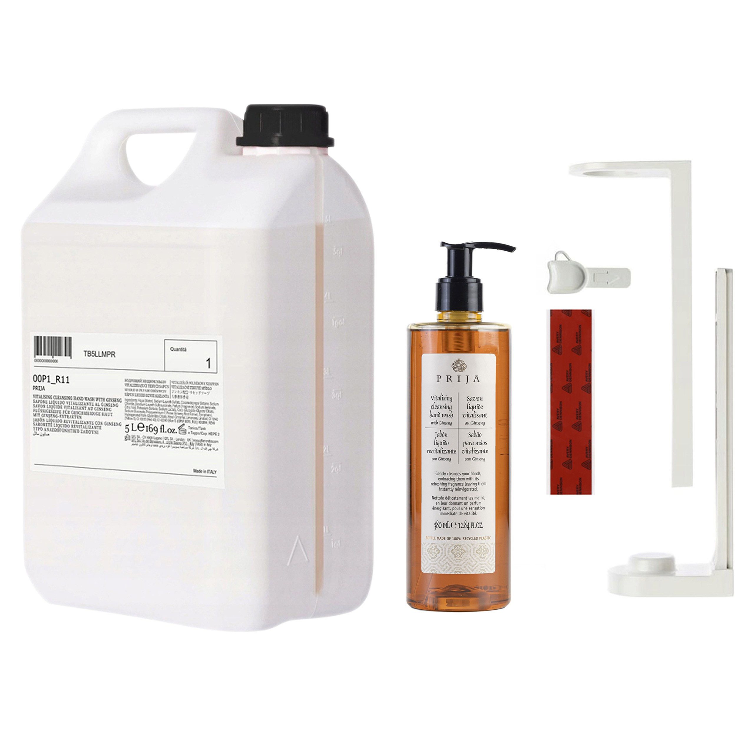 PRIJA Flüssigseife PRIJA-Set:weißer Flaschenhalter,Flüssigseife,Ginseng 380ml+5l Vorrat