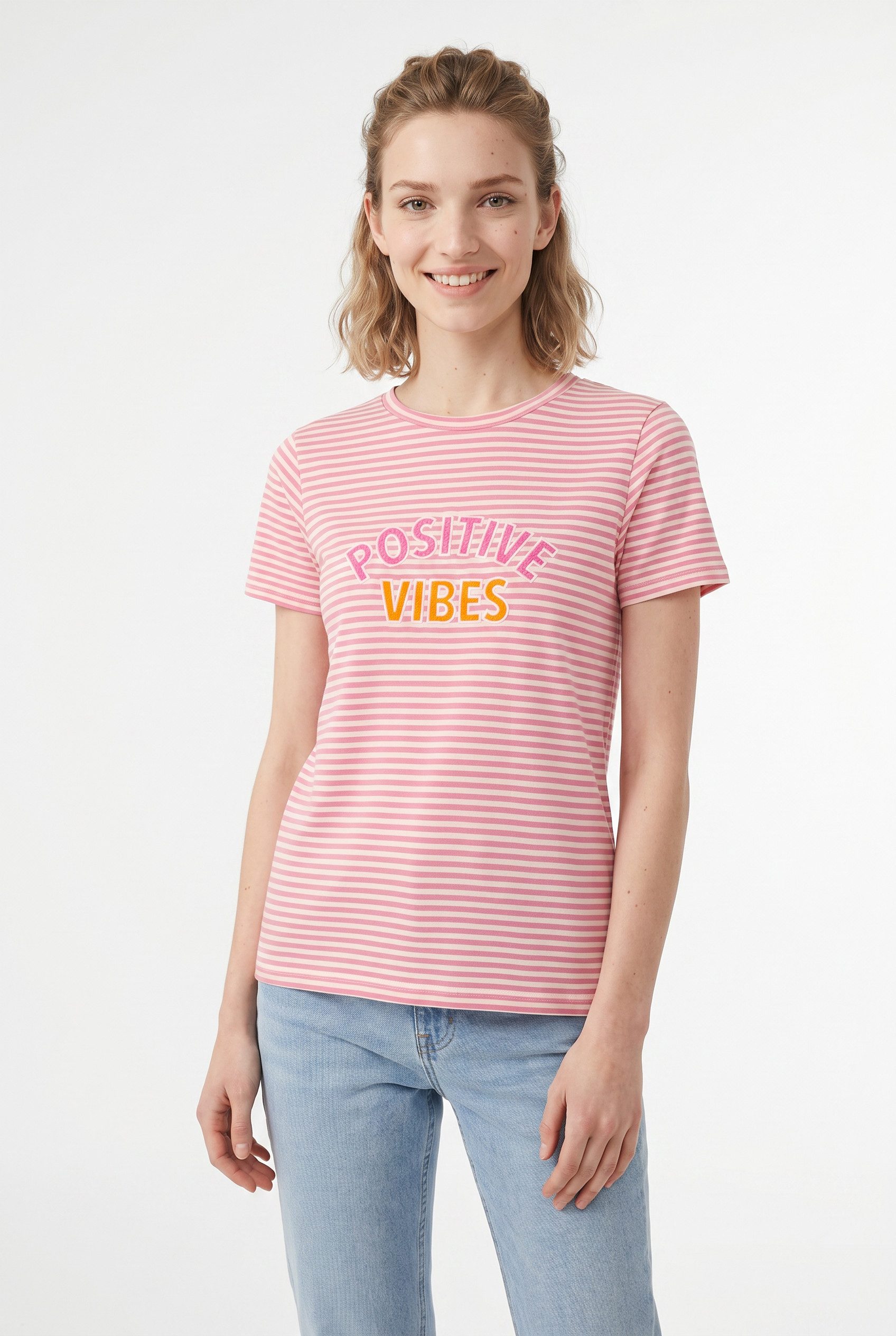 Zwillingsherz T-Shirt "Positive Vibes" gestickter Statement Schriftzug, Rundhals