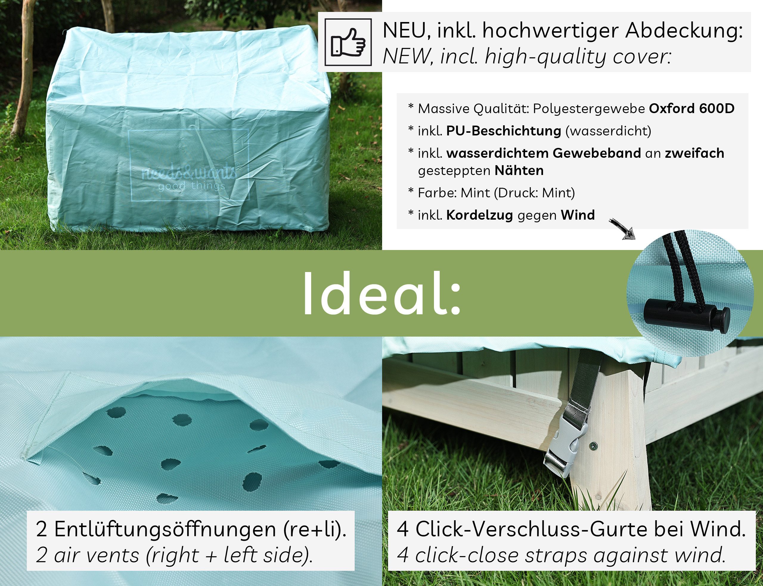 needs&wants® Gartenbank Holz wetterfest mit Stauraum, Truhenbank Holzbank Sitzbank Truhe braun, mit Textil Abdeckung 2-Sitzer Parkbank Garten Outdoor klassisch  – Bild 4 von 5
