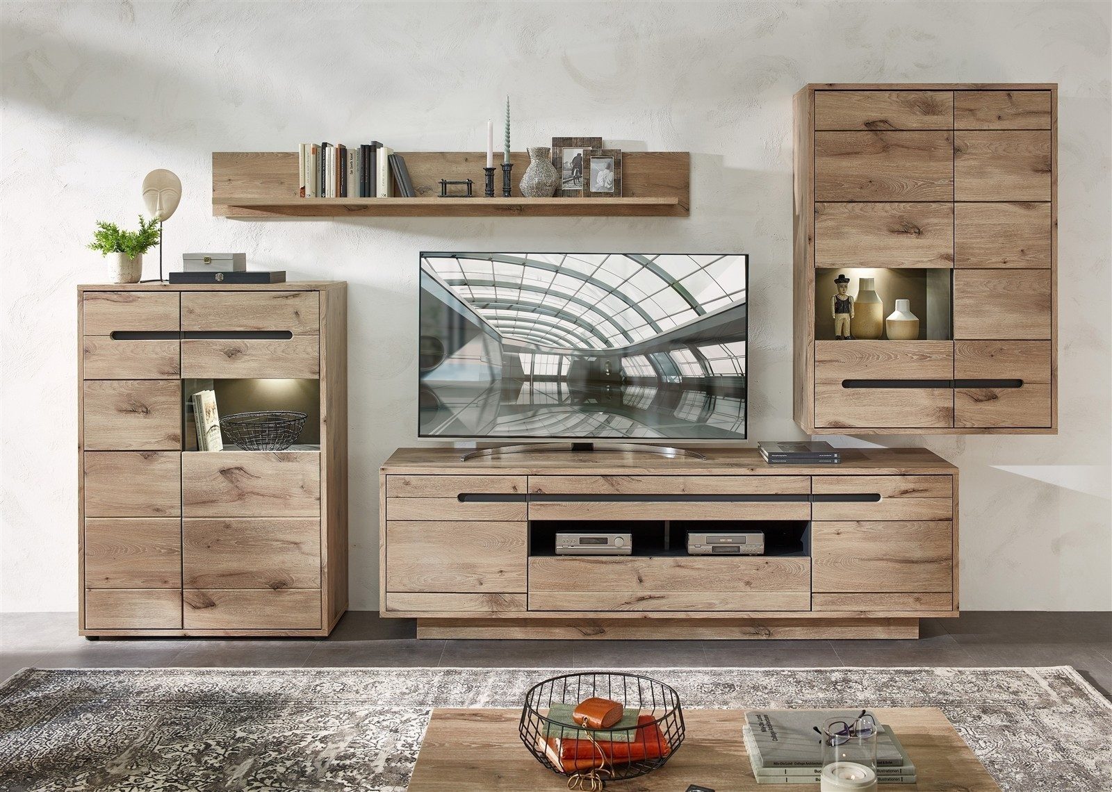 freiraum Wohnwand Bellano, in Viking Oak Dekor, MDF, Spannplatte - 346x202x44cm (BxHxT)