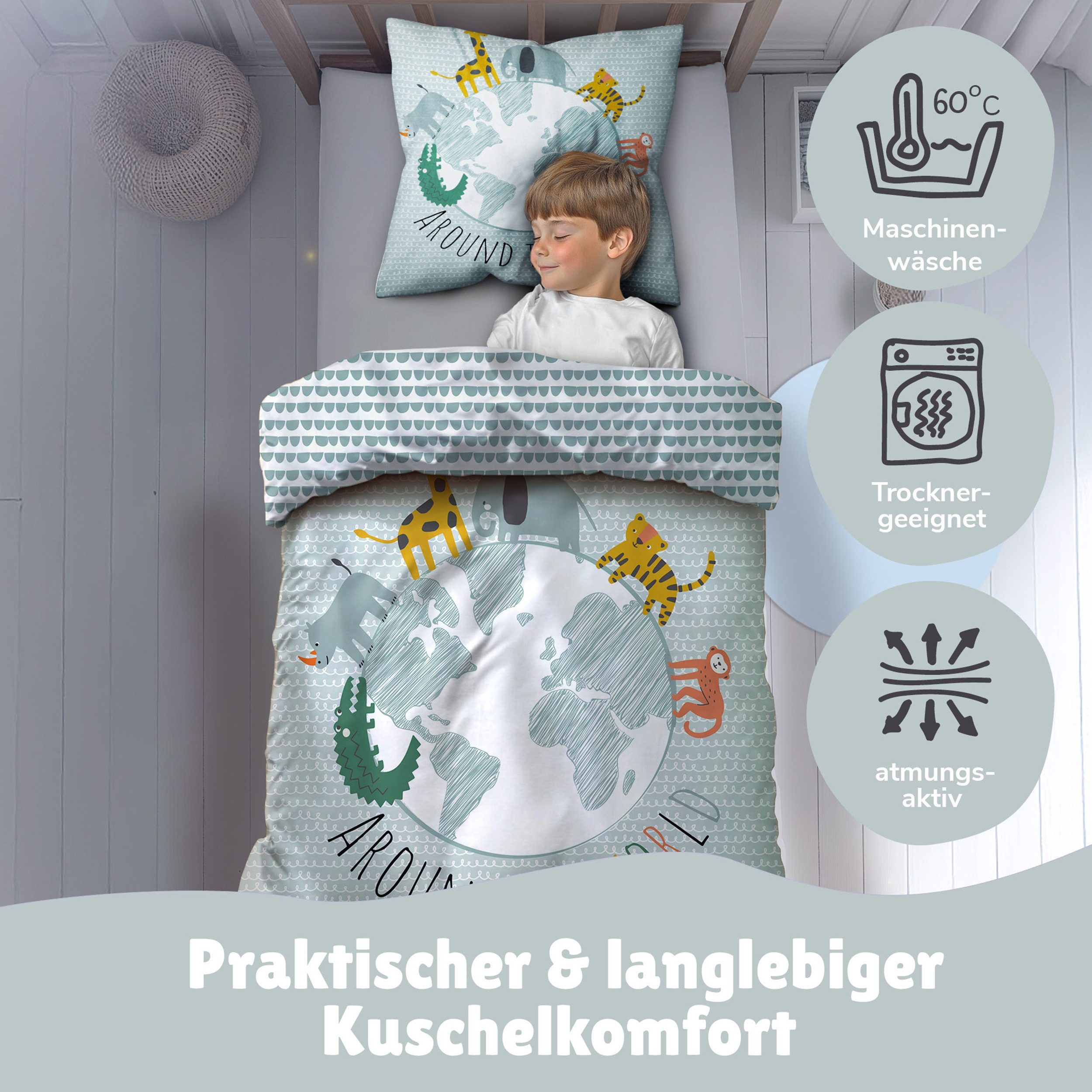 Familando Kinderbettwäsche Around the World 135x200 80x80 cm aus 100% Baumwolle mit Reißverschluß, Renforcé, 2 teilig, mit ruhiger Wendeseite