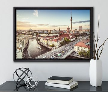 Pixxprint Leinwandbild Skyline von Berlin, Wanddekoration (1 St), Leinwandbild fertig bespannt, in einem Schattenfugen-Bilderrahmen gefasst, inkl. Zackenaufhänger