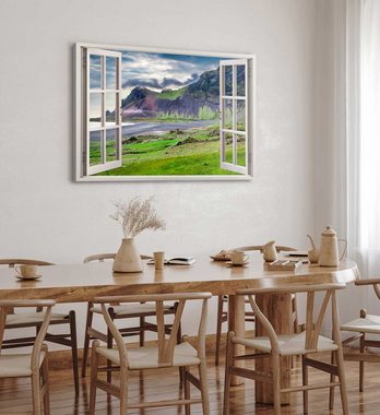 Sinus Art Leinwandbild Wandbild 120x80cm Fensterbild Küste Island Berge Grün Vulkan Natur, (1 St)